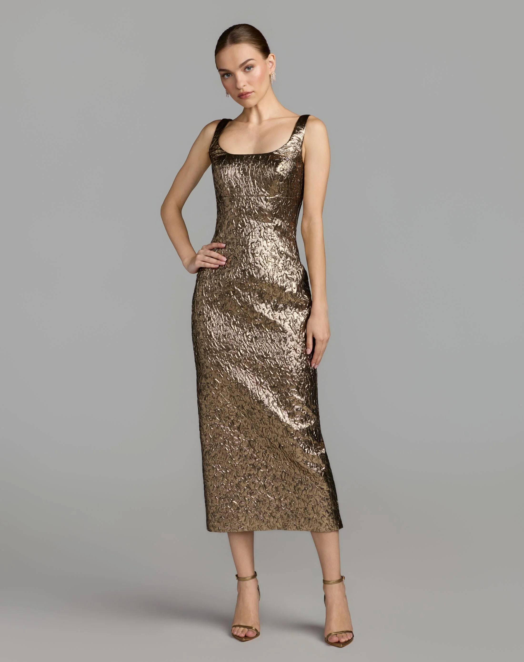 Gold Metallic Scoop Neck Brocade Midi Dress - 1