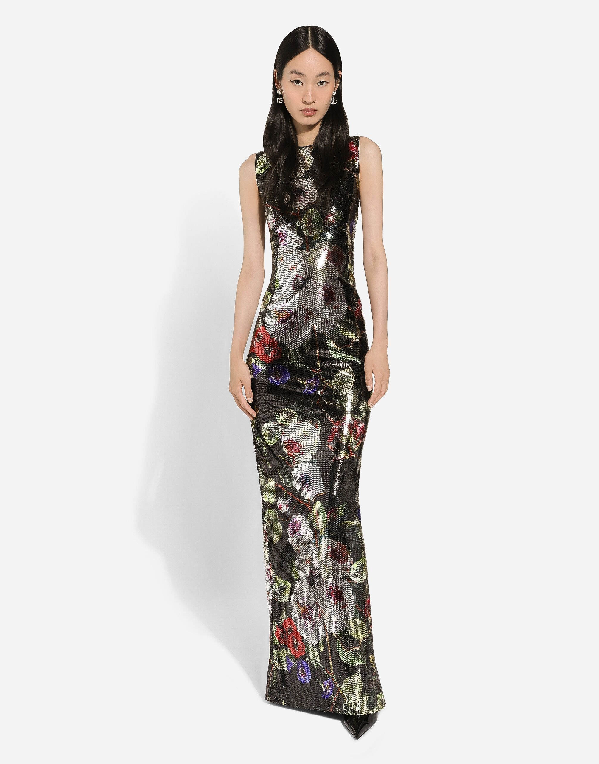 Long sequined dress with rose garden print - 2