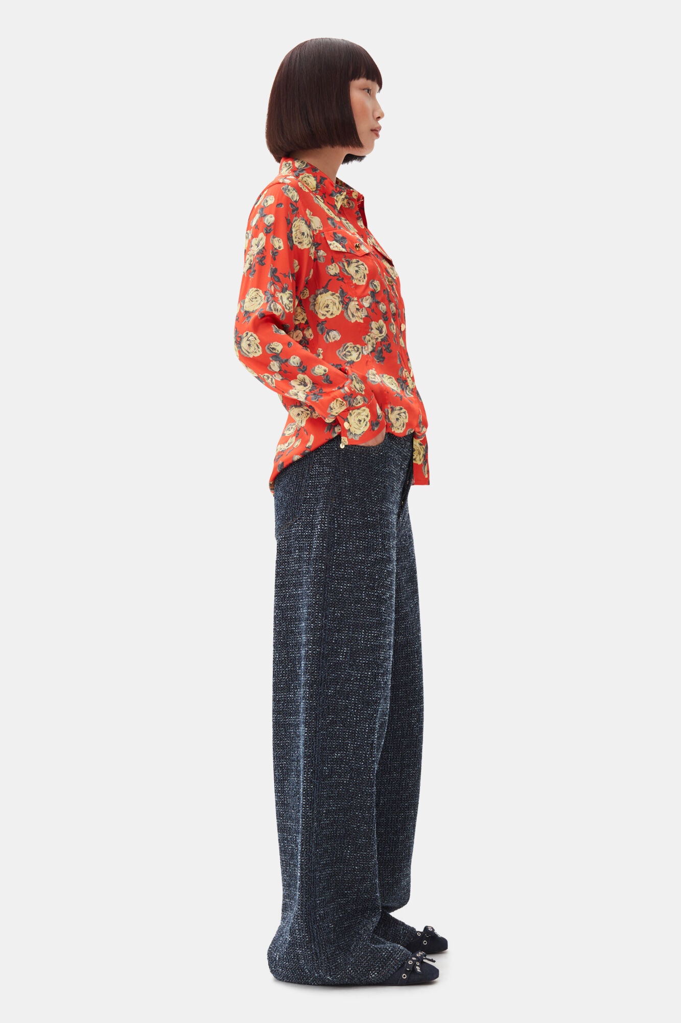 ORANGE FLORAL PRINTED SATIN SHIRT - 4