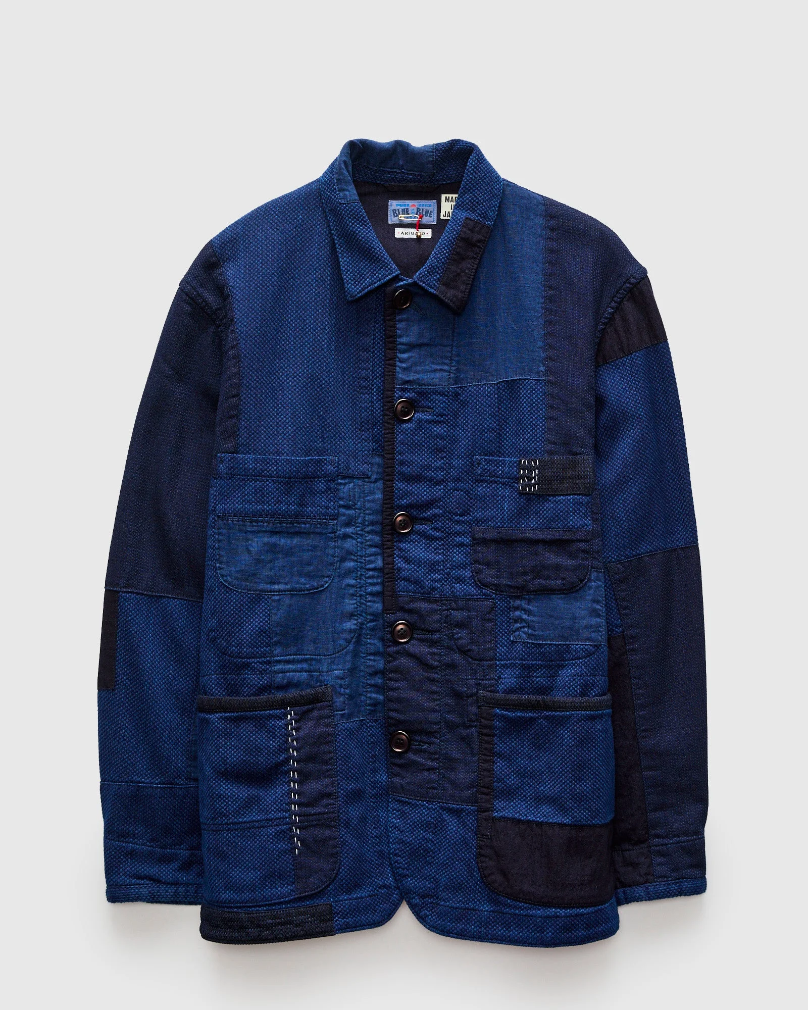 Kasezome Sashiko Nenrin Coverall Jacket in Patchwork Indigo - 1