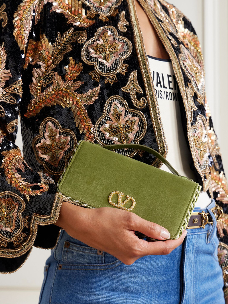 Valentino VLogo Signature embellished leather-trimmed velvet wallet Green outlook