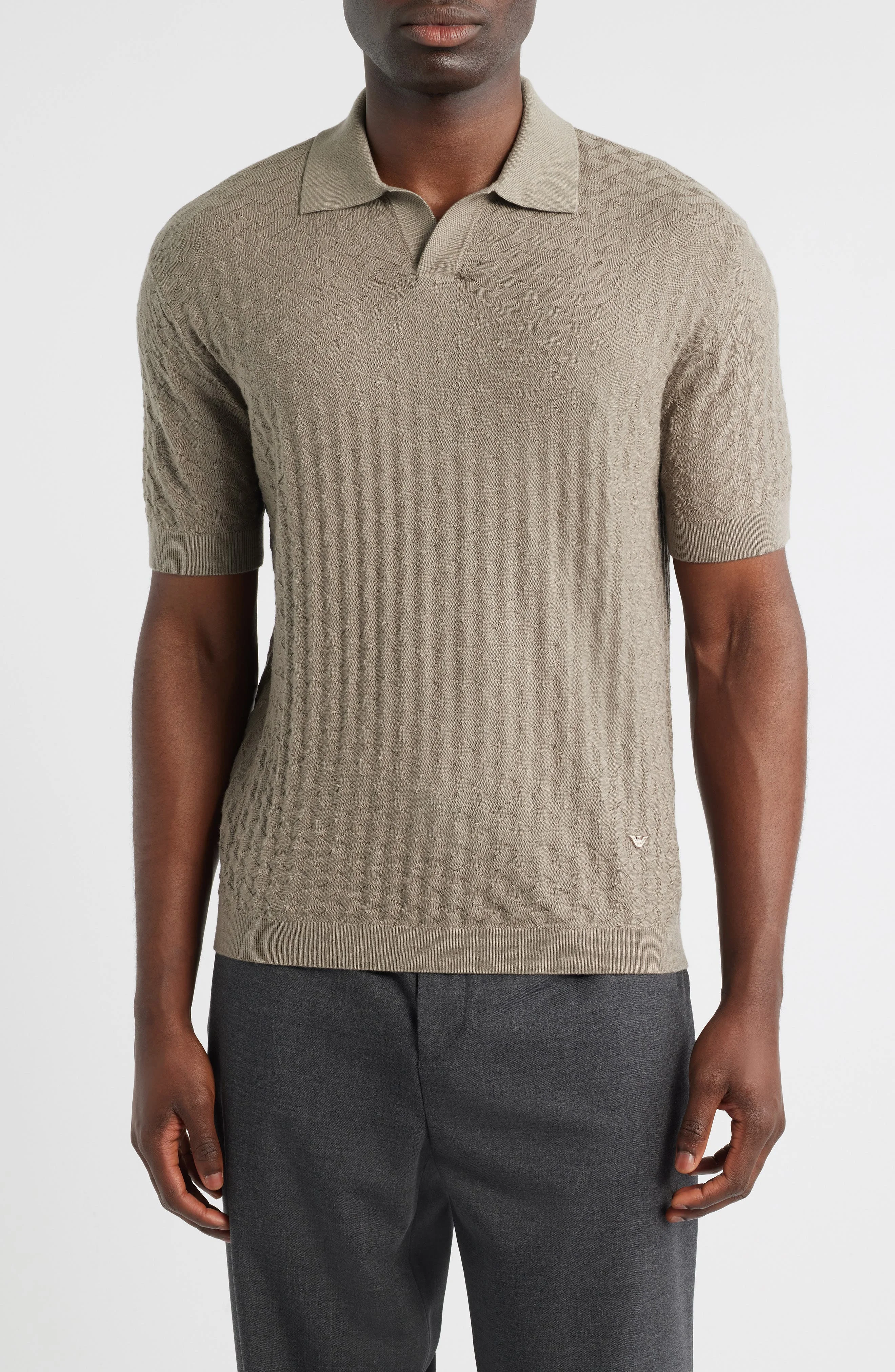 Emporio Armani Basket-Weave Stitch Johnny Collar Virgin Wool Polo Sweater in Solid Medium Beige at N - 1