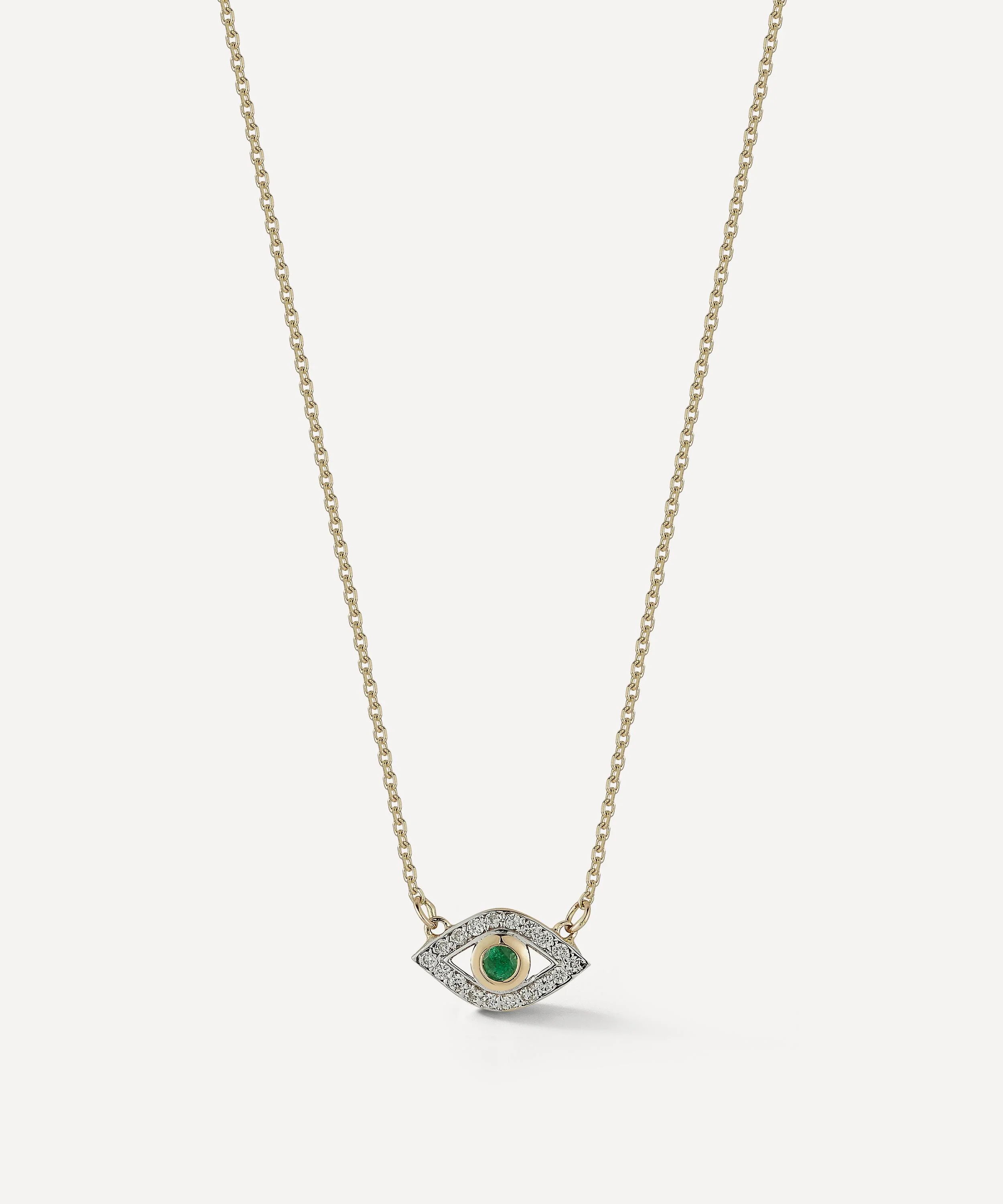 14ct Gold Emerald Evil Eye Pendant Necklace - 1