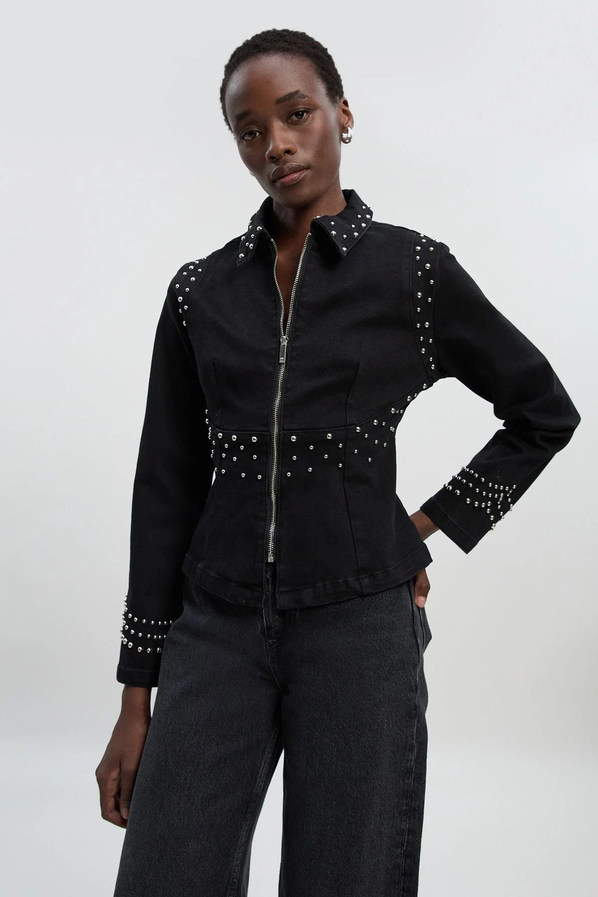 Denim Placed Stud Zip Through Collared Jacket - 1