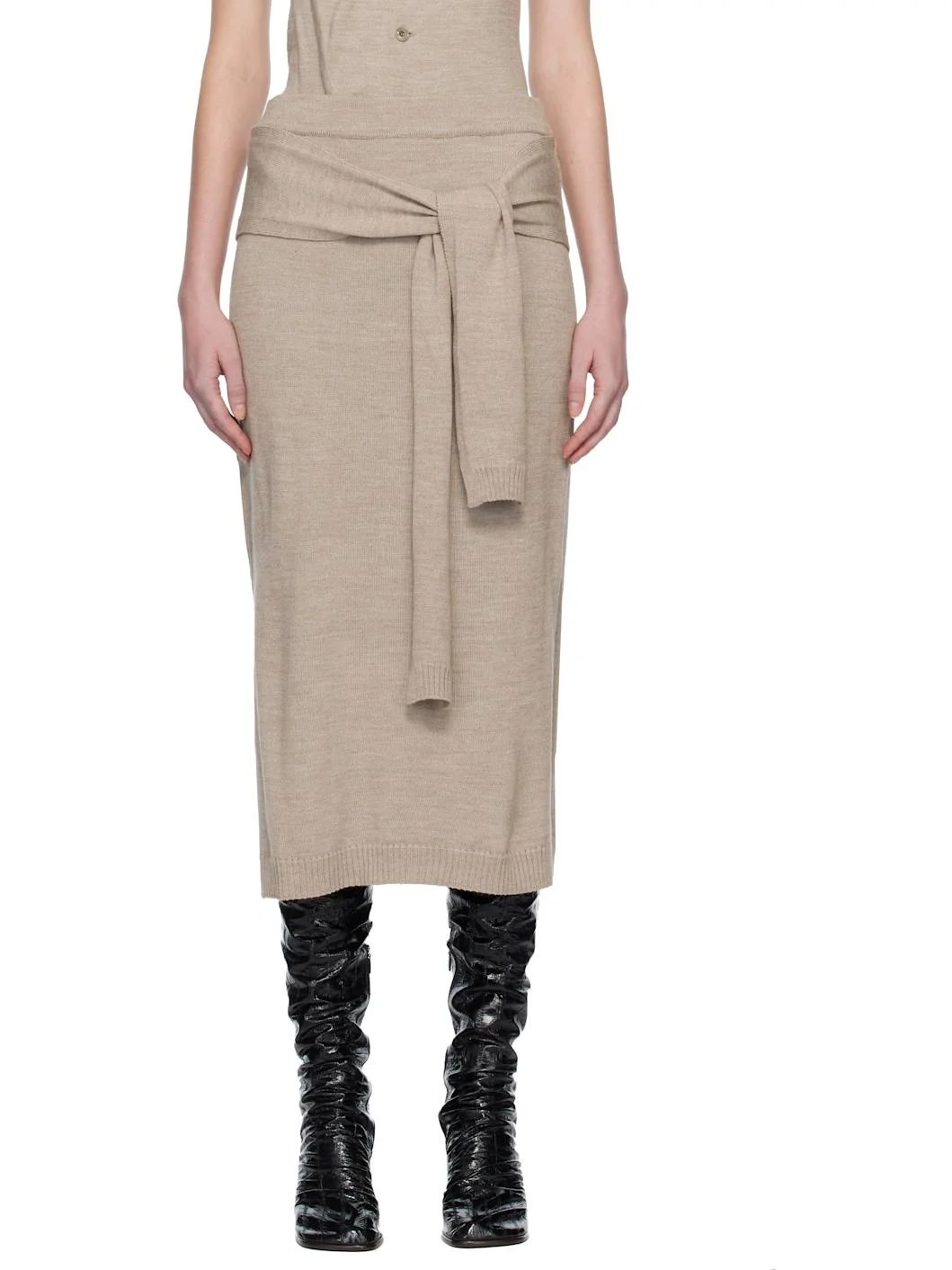Beige Trompe L'oeil Midi Skirt - 1