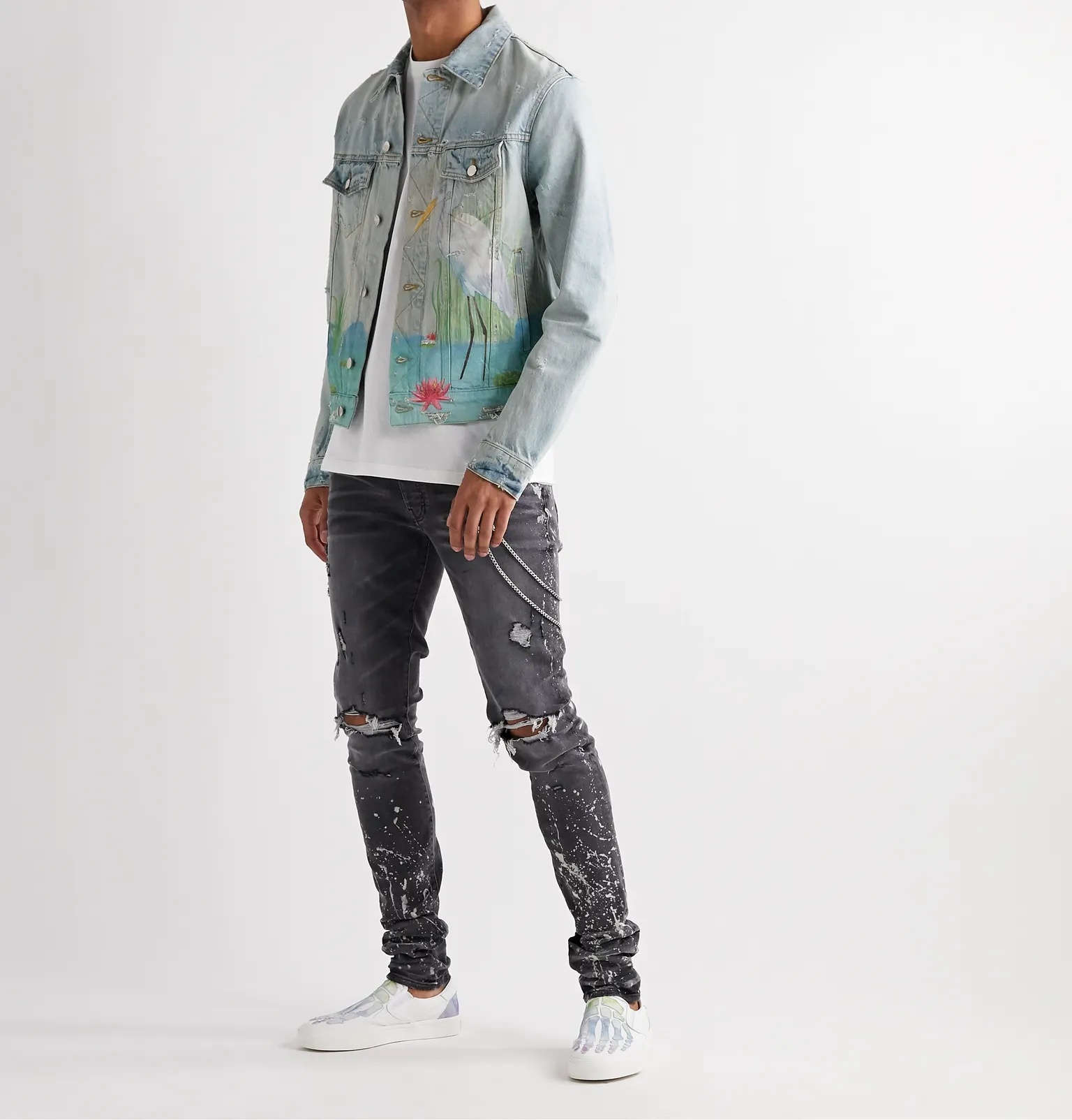 Distressed Printed Denim Trucker Jacket - 2