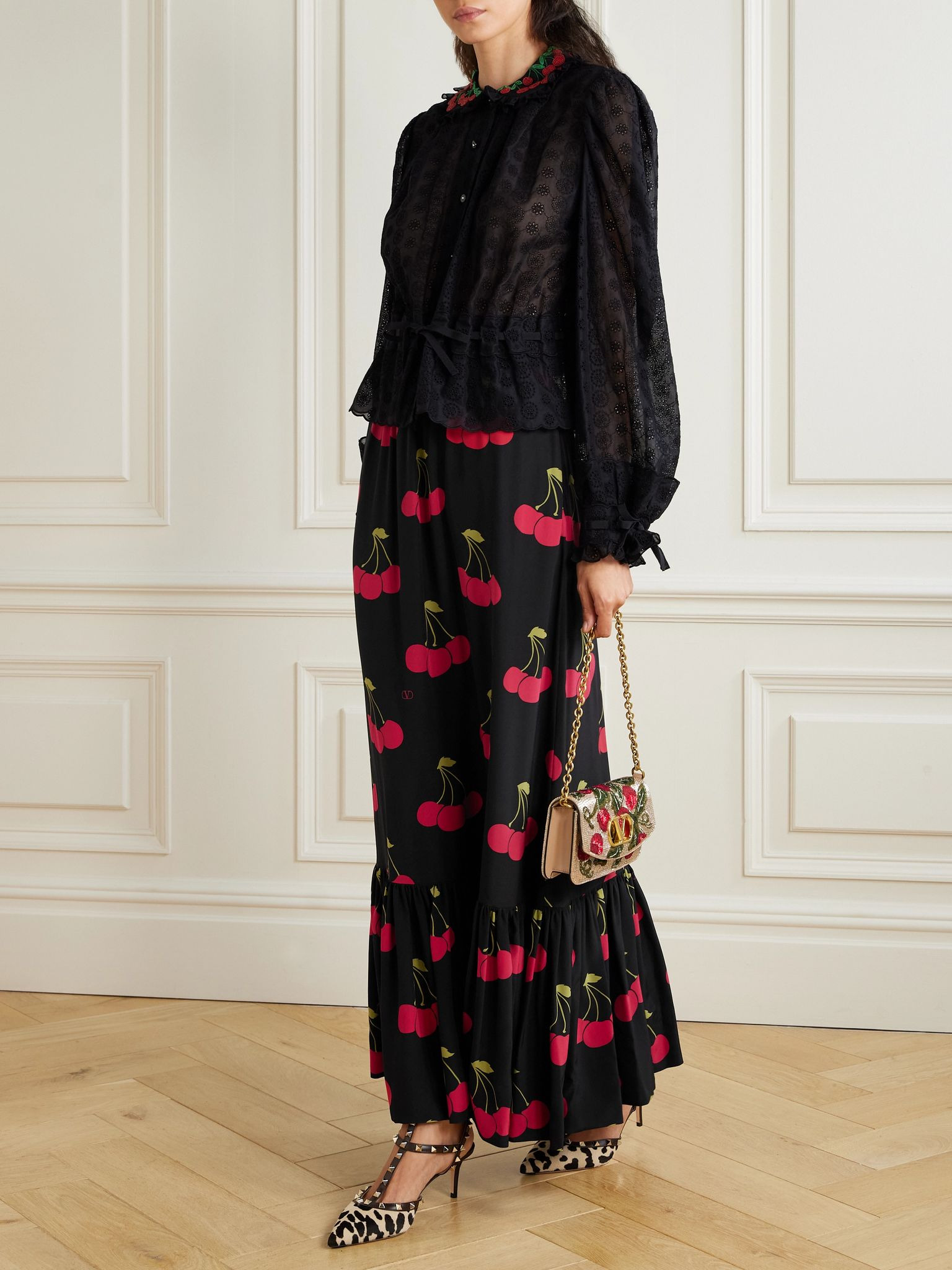 Ruched velvet-trimmed printed silk-crepe maxi skirt Black - 2