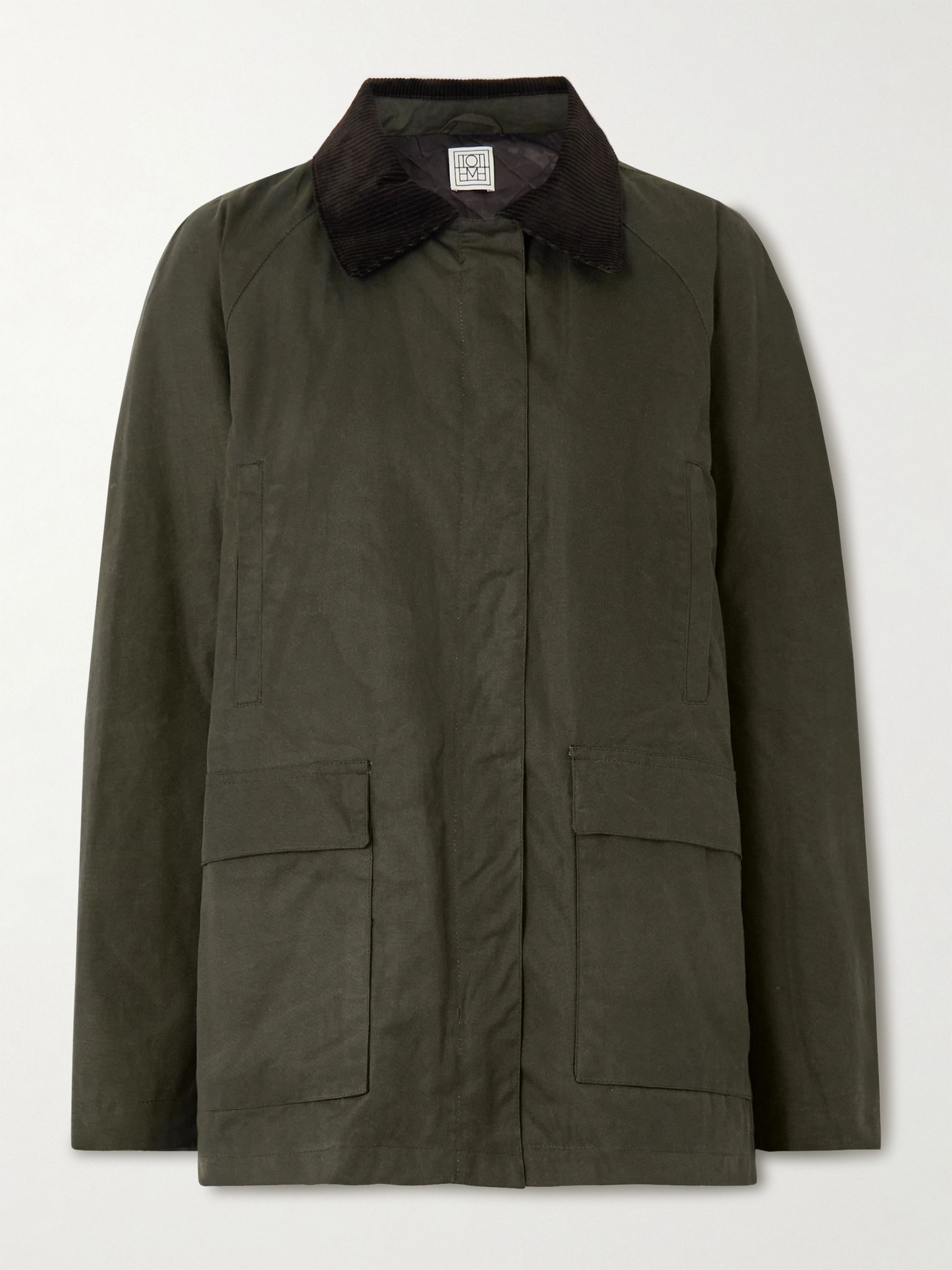 Oversized corduroy-trimmed waxed organic cotton jacket Green - 1