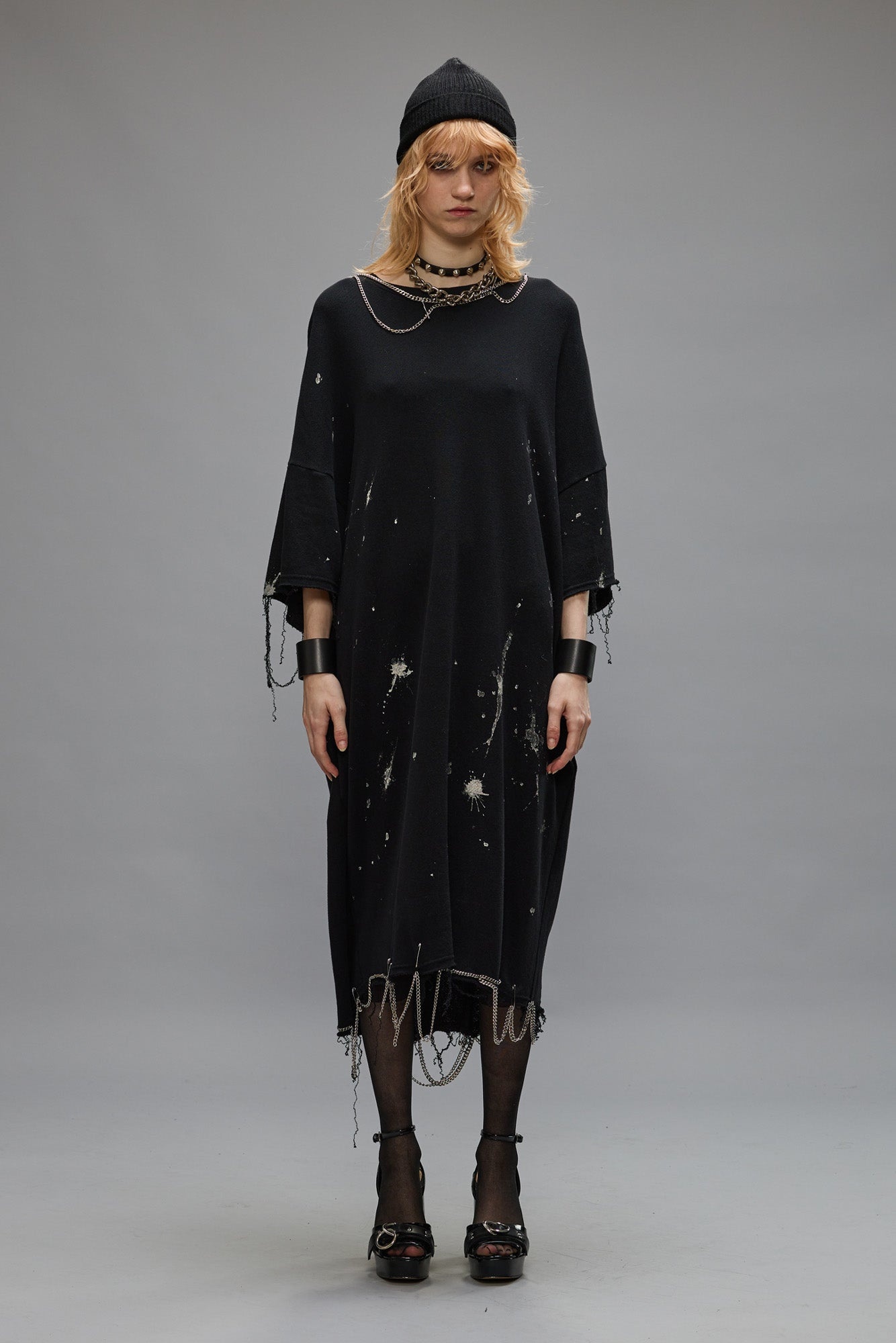 CHAIN EMBELLISHED SHIRTDRESS - SPLATTERED BLACK - 4
