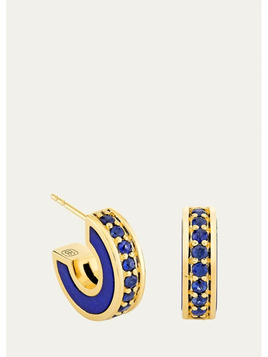 14K Yellow Gold Lapis Stone Inlay Earrings with Sapphires - 1