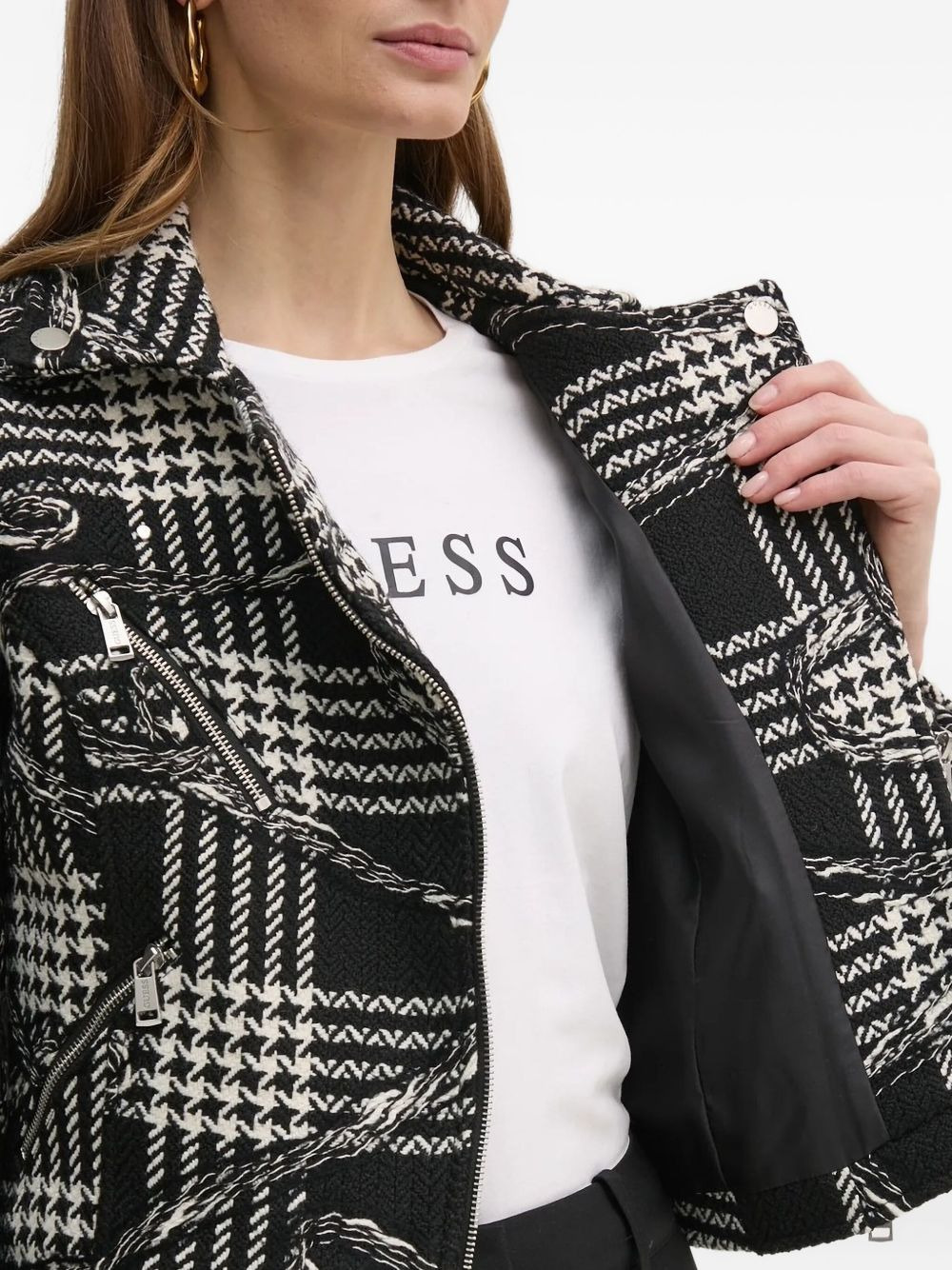 houndstooth-pattern biker jacket - 3
