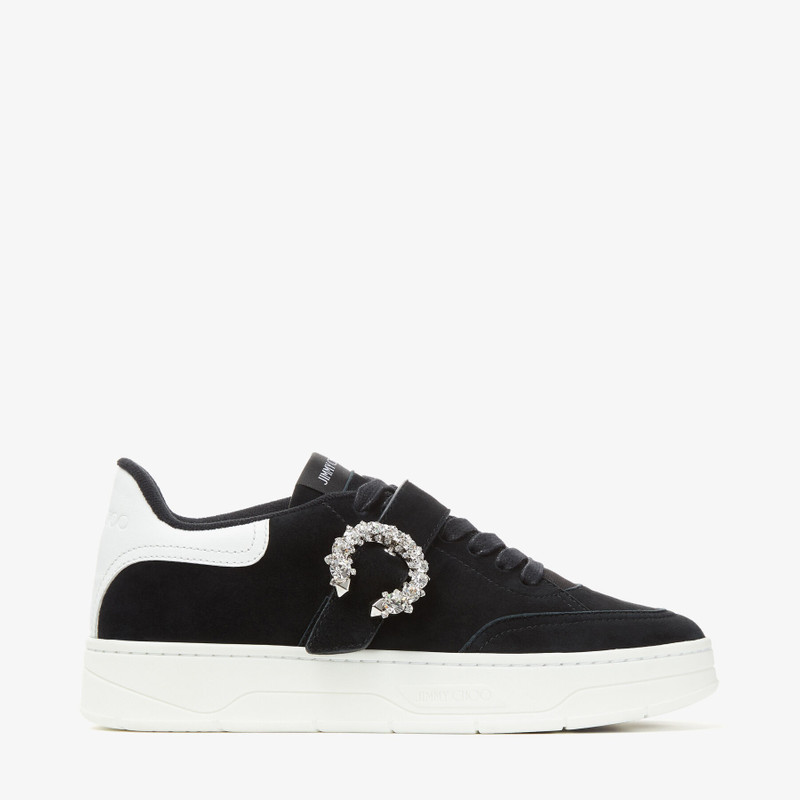 Osaka Lace Up Black Suede and White Calf Leather Low Top Trainers with Crystal Buckle - 1