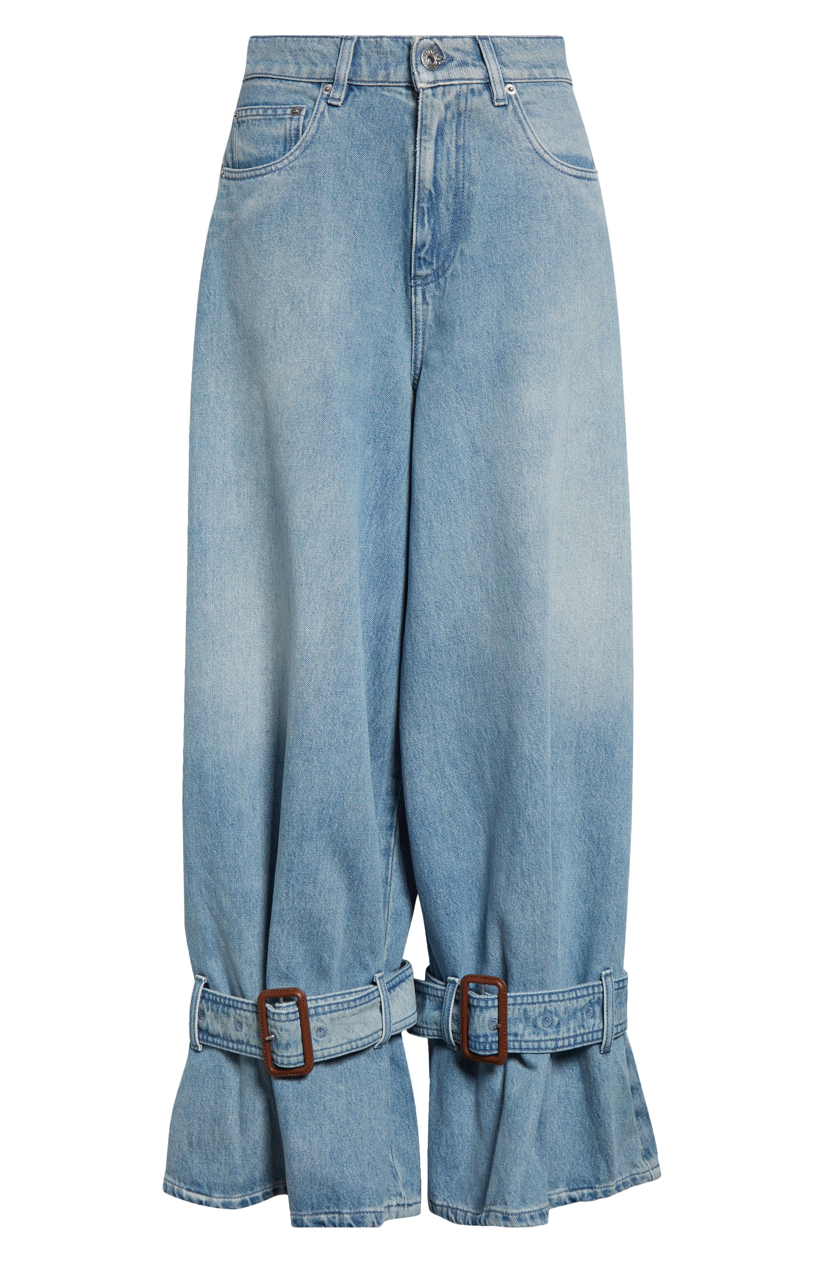 JW Anderson Buckled Cuff High Waist Wide Leg Jeans in Light Blue at Nordstrom - 6