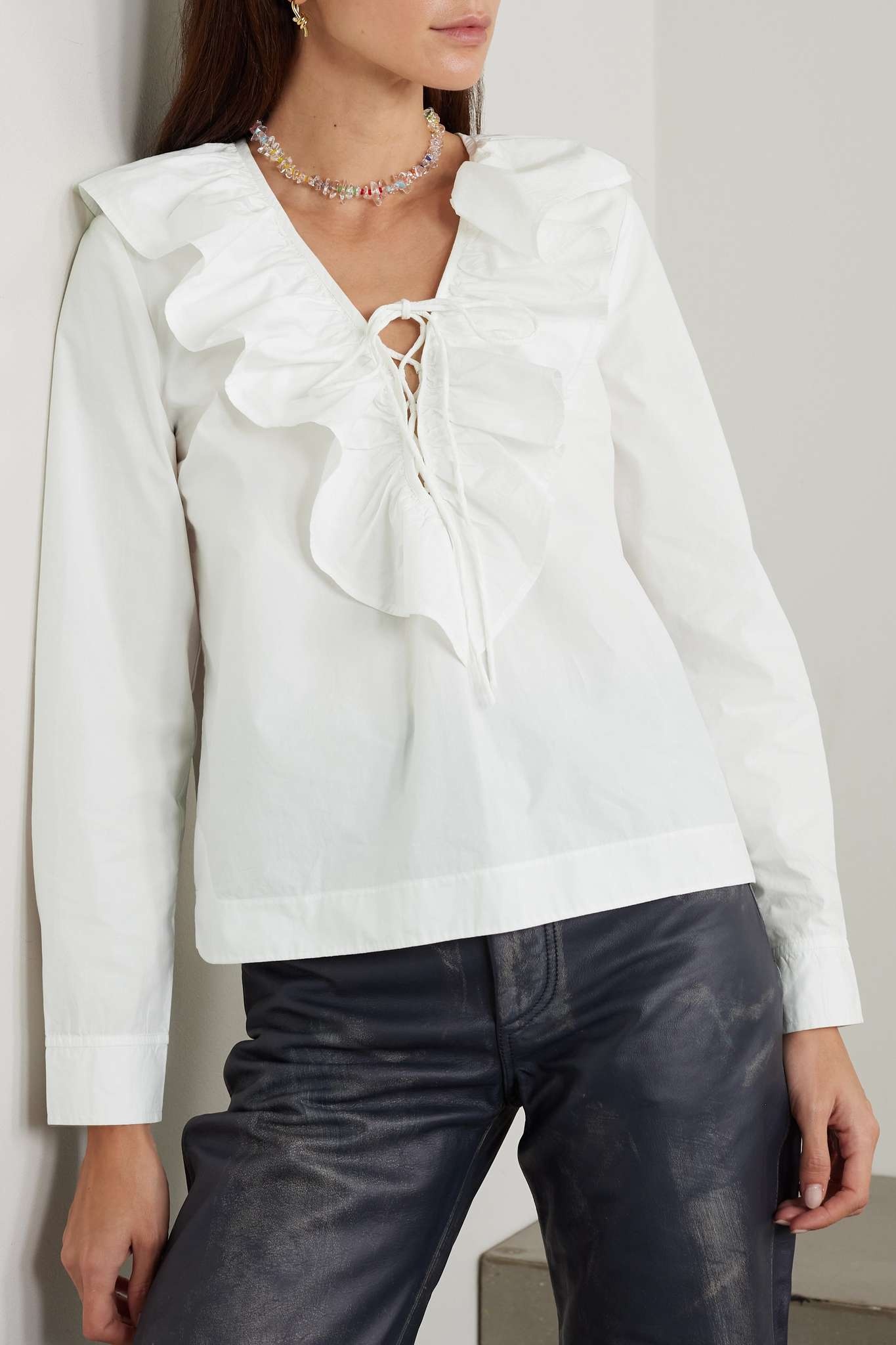 Ruffled lace-up organic cotton-poplin blouse - 3
