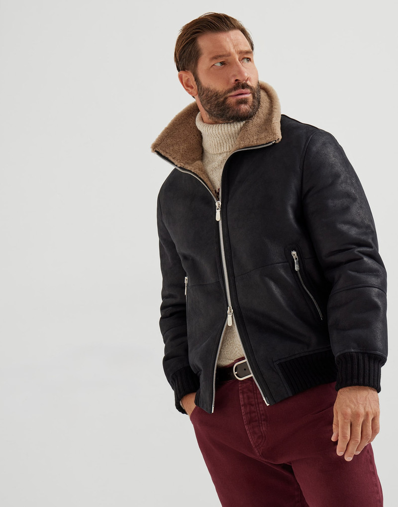 Nubuck-effect shearling bomber jacket with cashmere knit collar 1