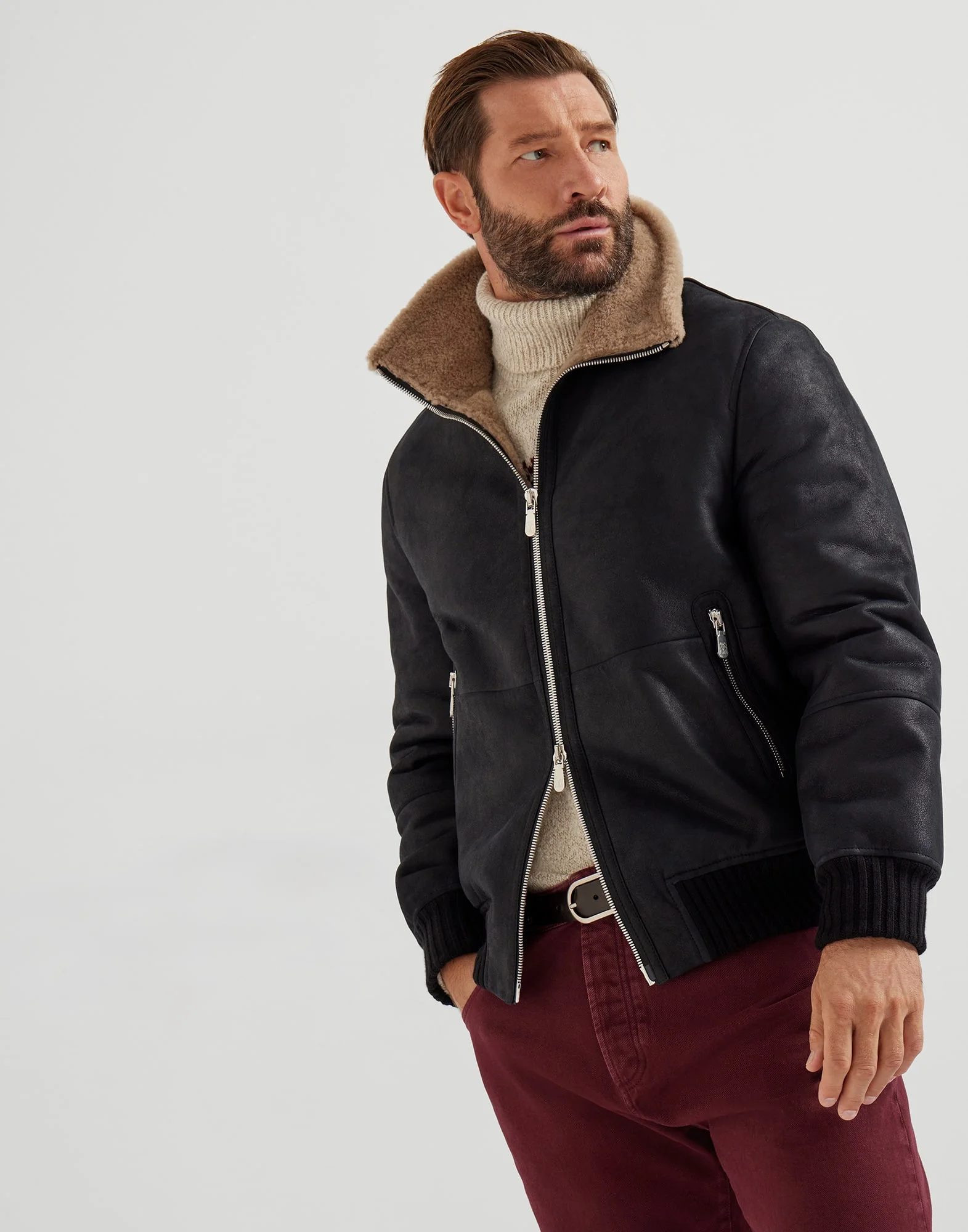 Nubuck-effect shearling bomber jacket with cashmere knit collar - 1
