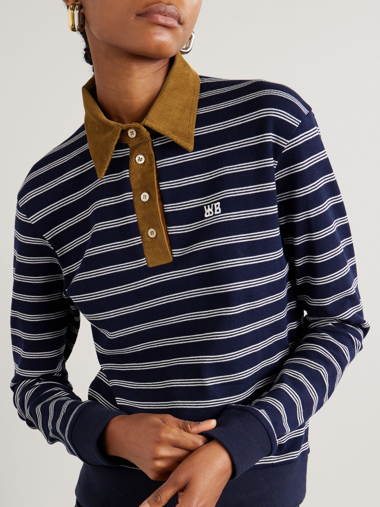 Reflect corduroy-trimmed striped cotton-blend polo shirt Navy - 3
