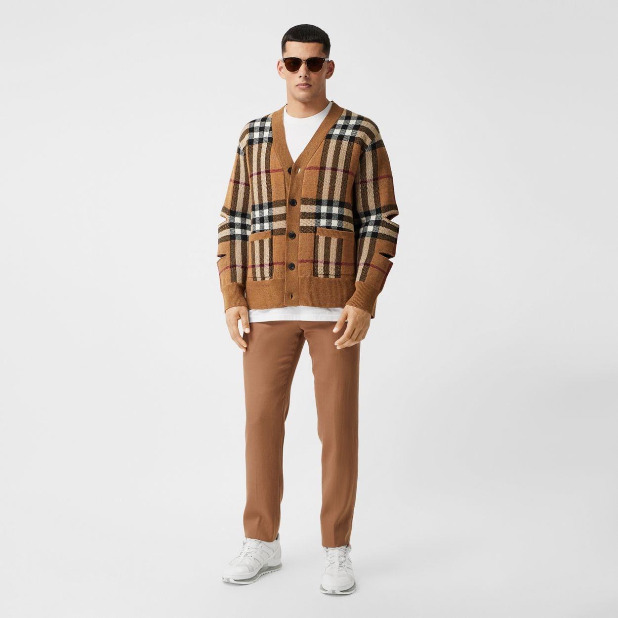 Cut-out Sleeve Check Wool Cashmere Cardigan - 7