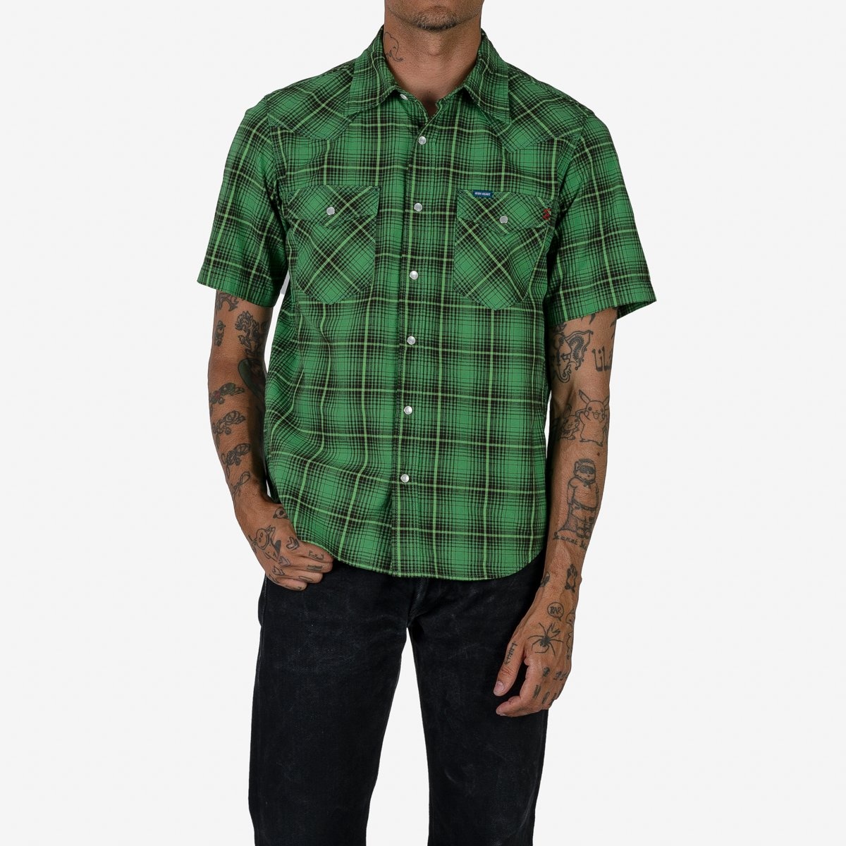 IHSH-386-GRN 5oz Selvedge Short Sleeved Western Shirt - Green Vintage Check - 2
