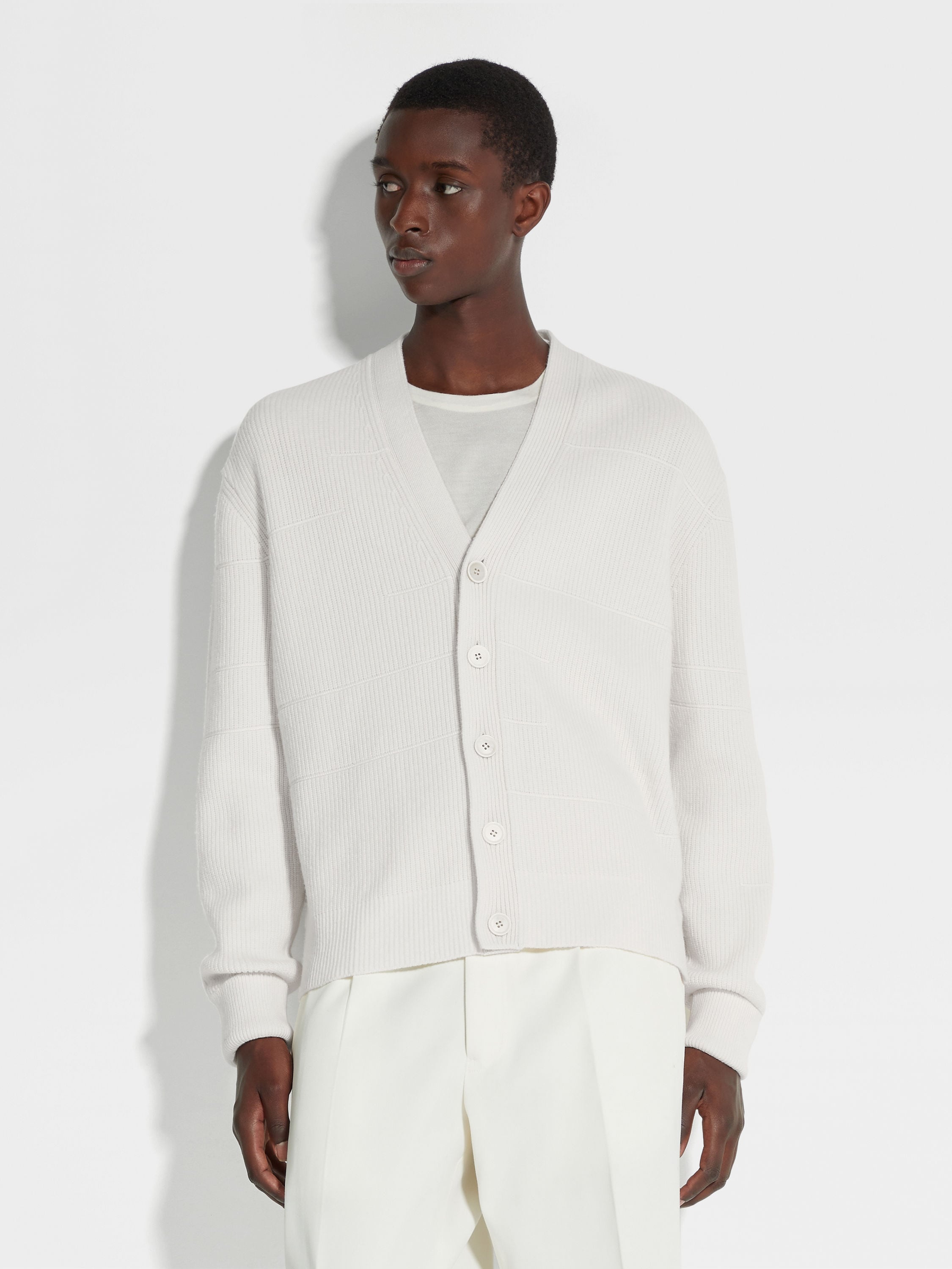WHITE CASHMERE AND COTTON CARDIGAN - 4