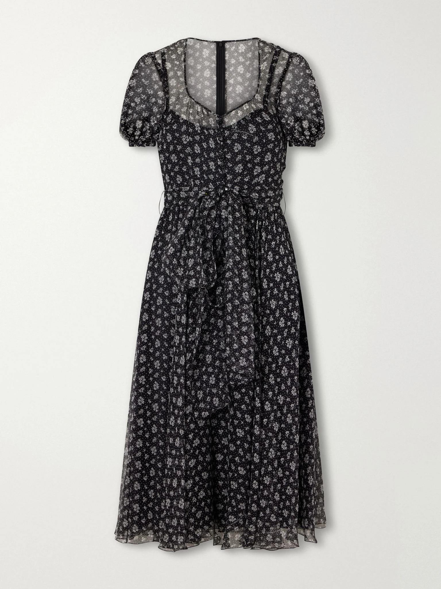 Tie-detailed floral-print silk-blend georgette midi dress Black - 1