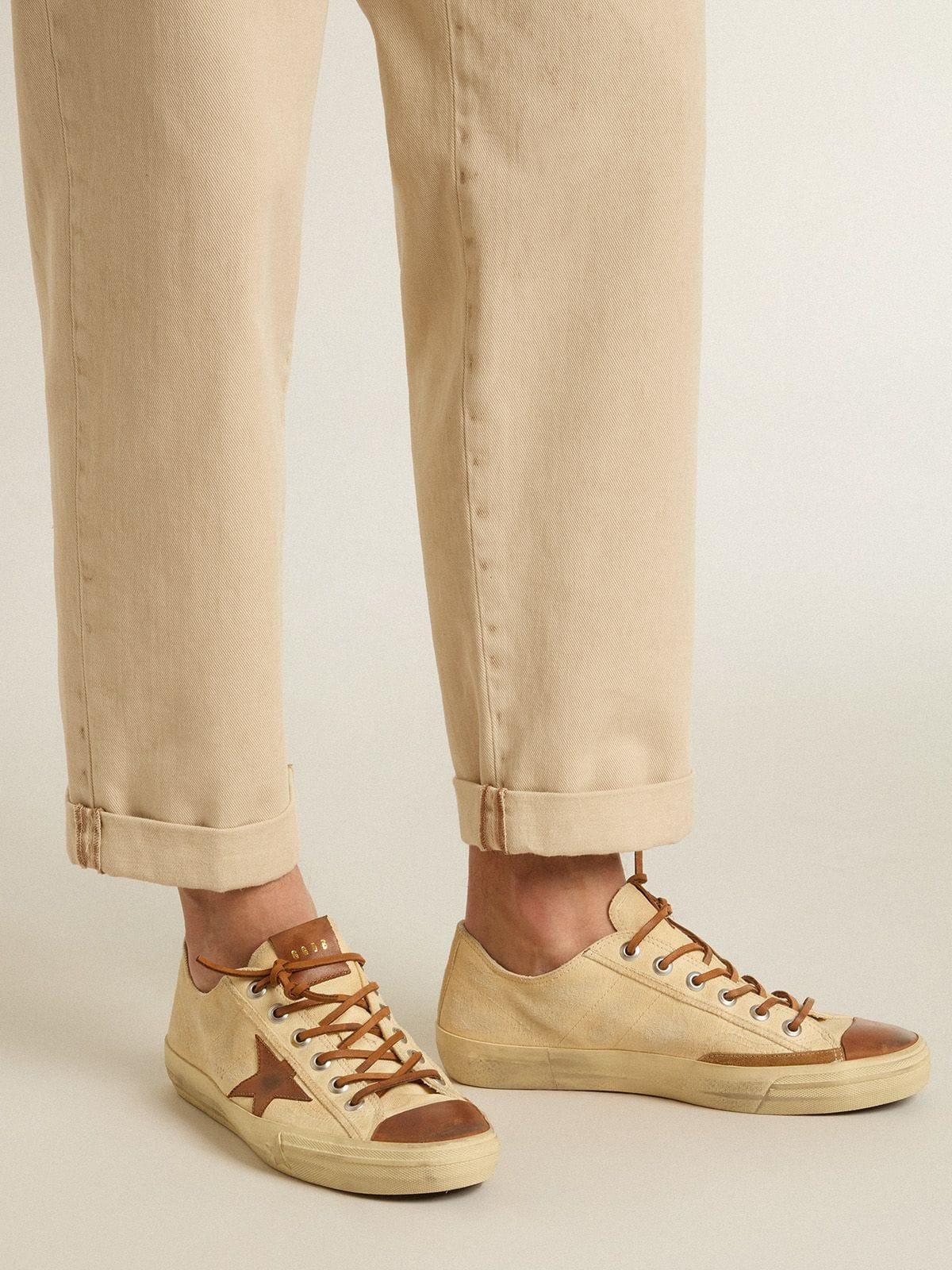 Men's V-Star in cream canvas with tobacco leather star - 3