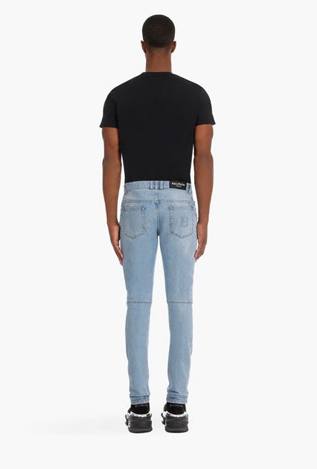 Slim blue cotton jeans with Balmain monogram - 3