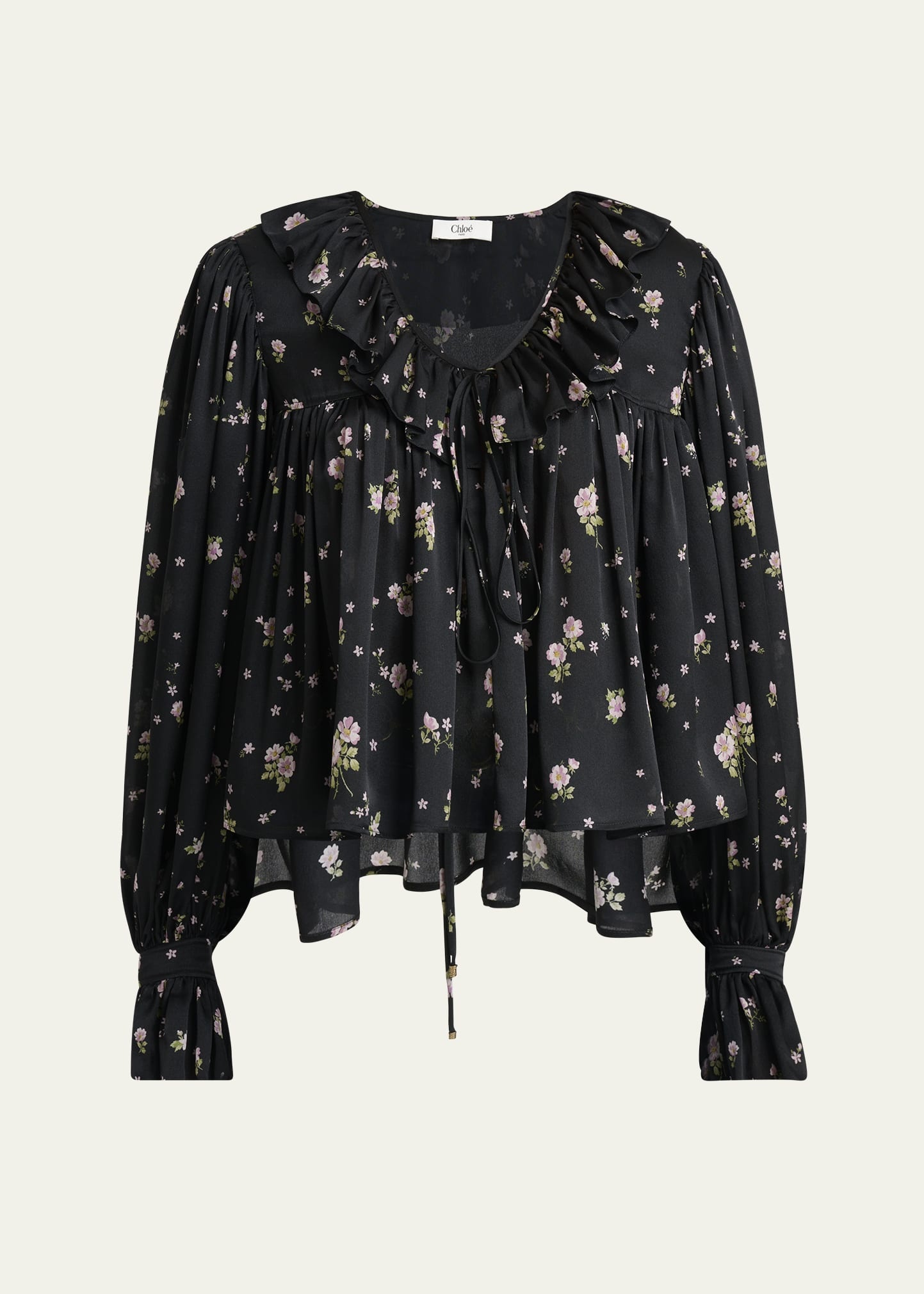 Floral Silk Ruffle Peasant Blouse - 1