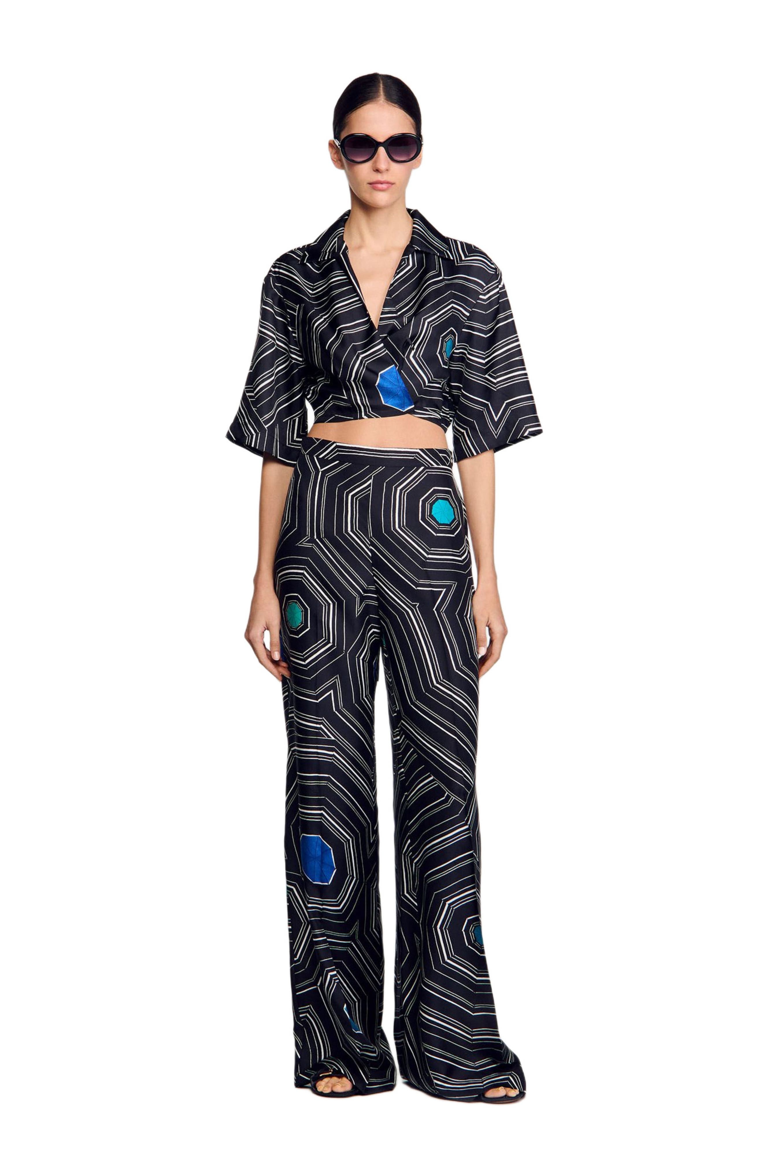 SANDRO Spiral-print silk trousers in Black at Nordstrom - 6