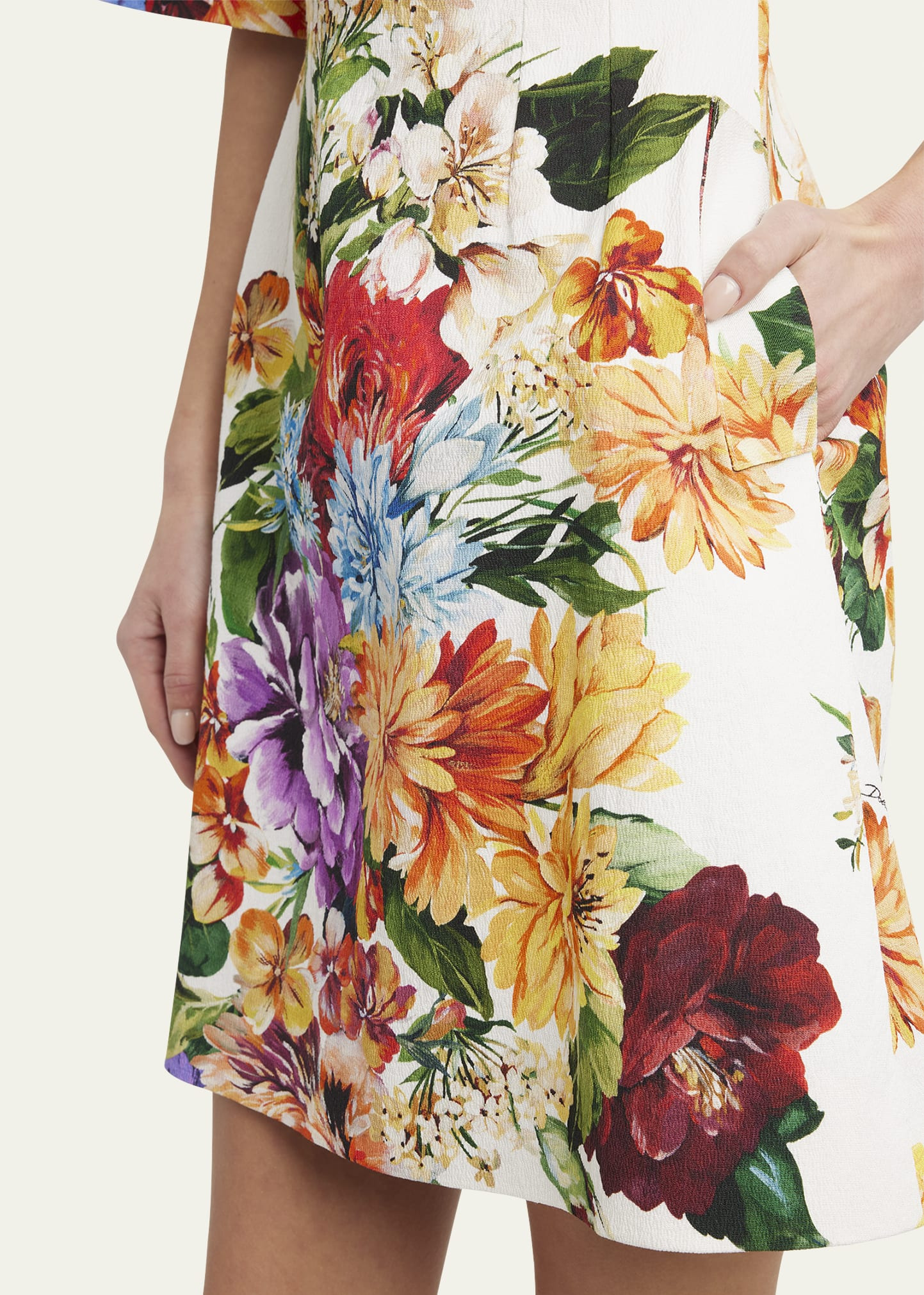 Floral Bouquet Short-Sleeve Creton Mini Dress - 5