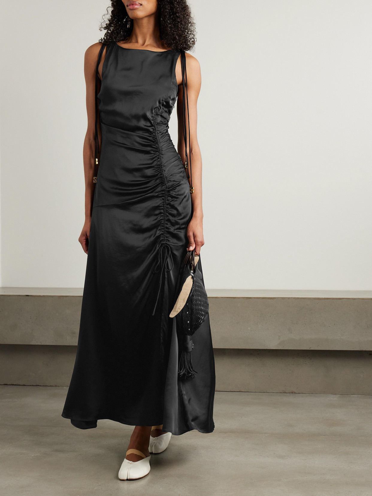 Tie-detailed Ruched Satin Midi Dress - 2
