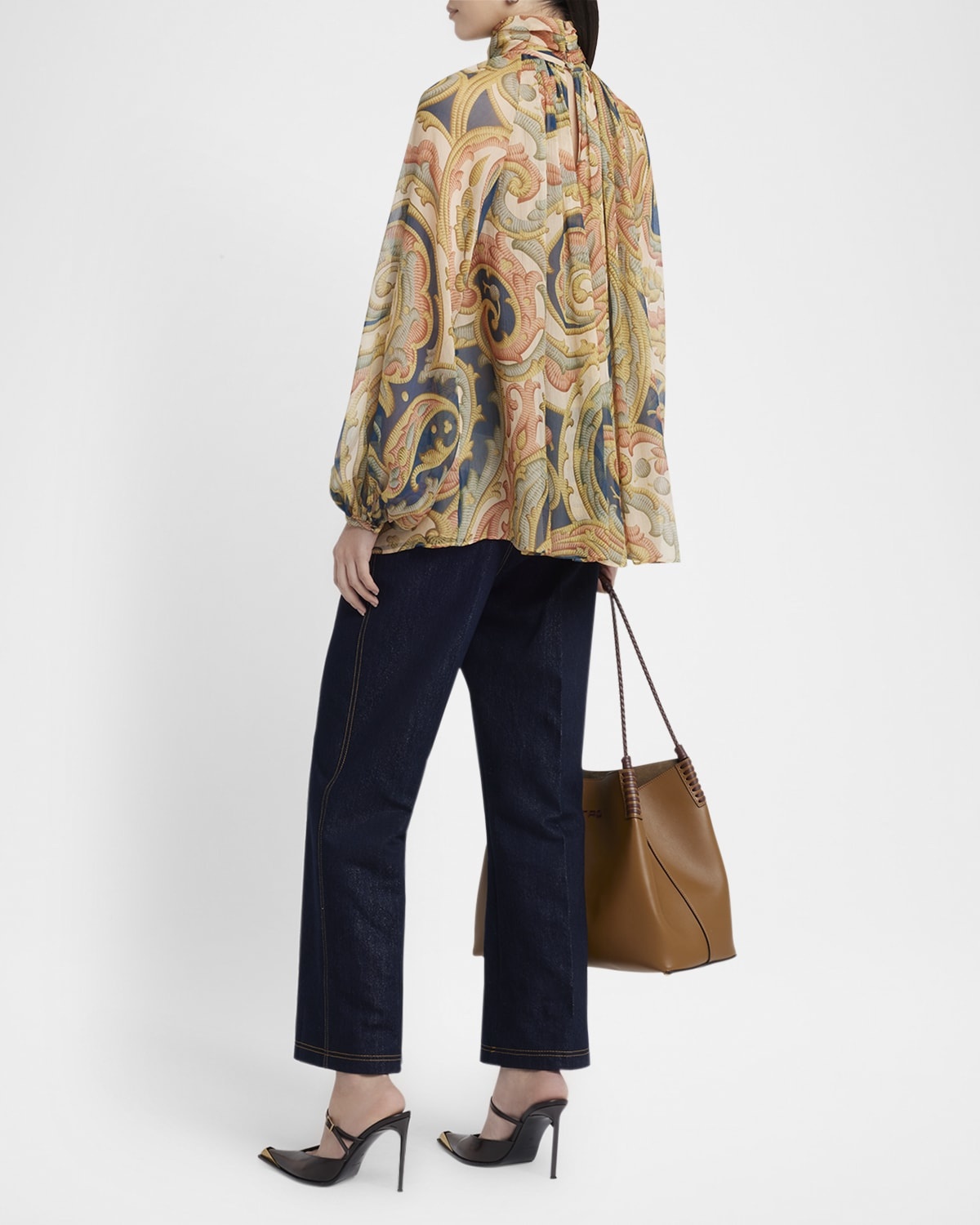 Abstract Floral Silk Chiffon High-Neck Blouse - 4