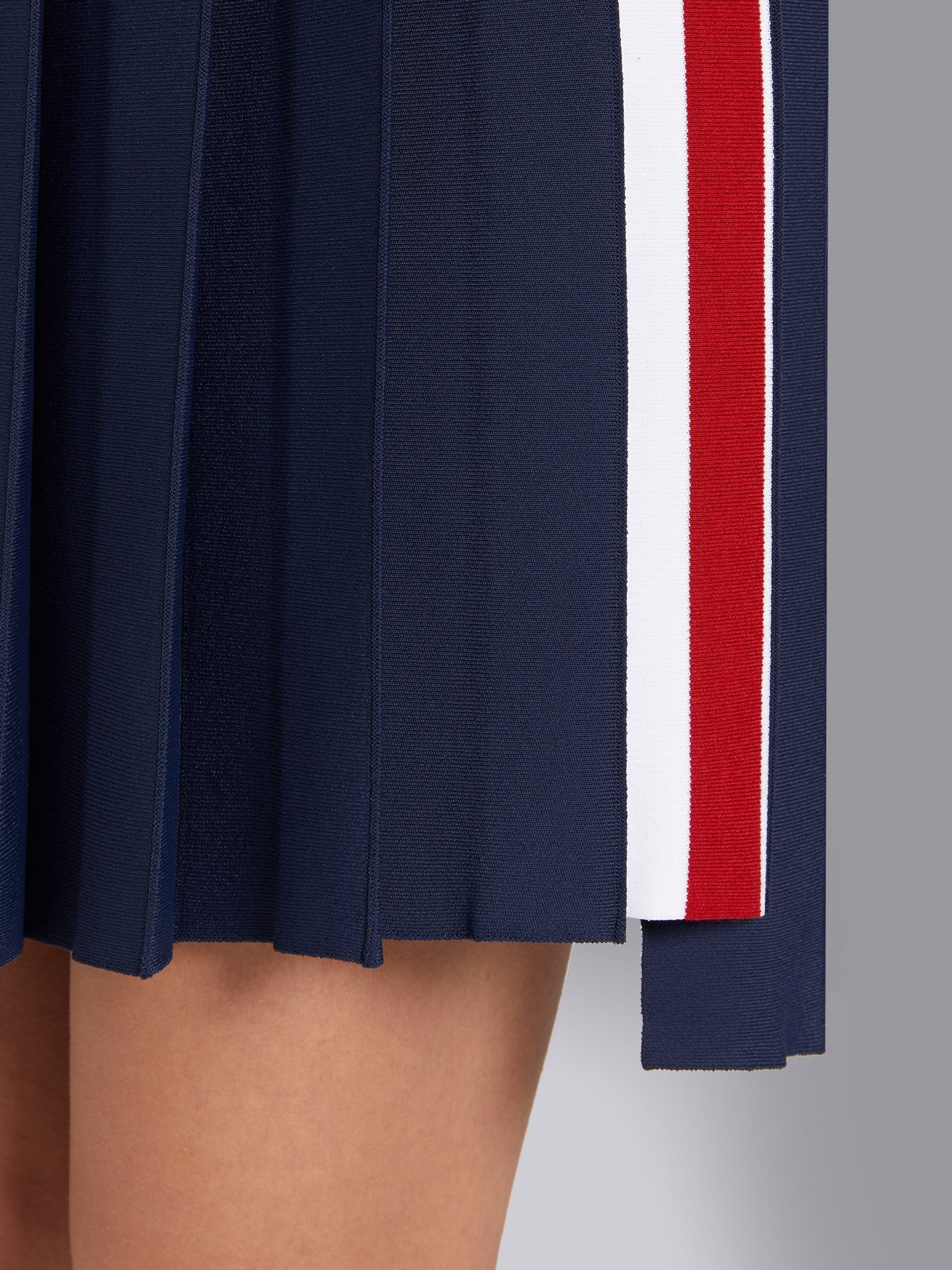 Navy Stretch Viscose Intarsia Side Stripe Dropped Back Pleated Mini Skirt - 5