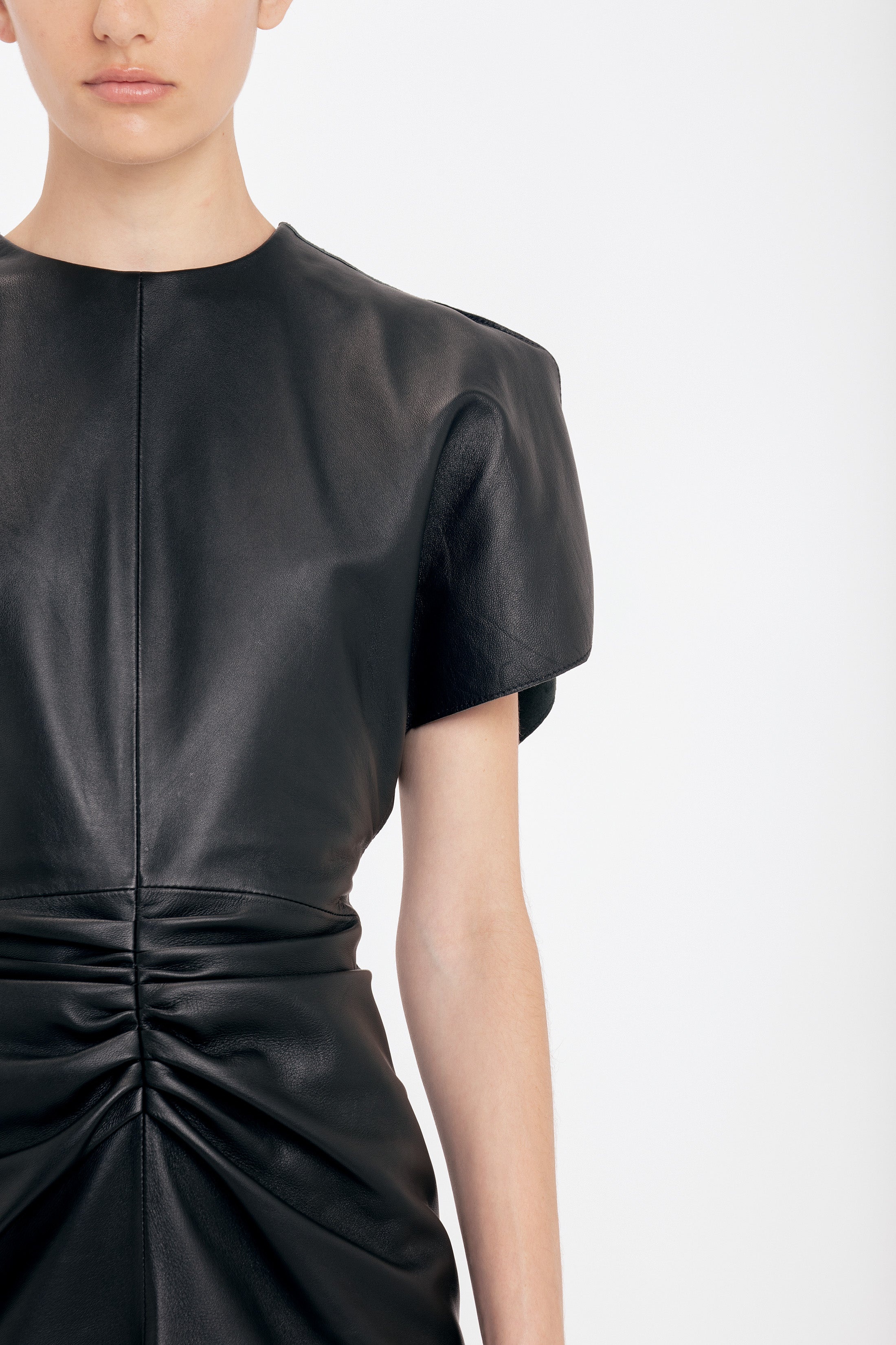 Gathered Waist Mini Dress In Soft Black Leather - 5