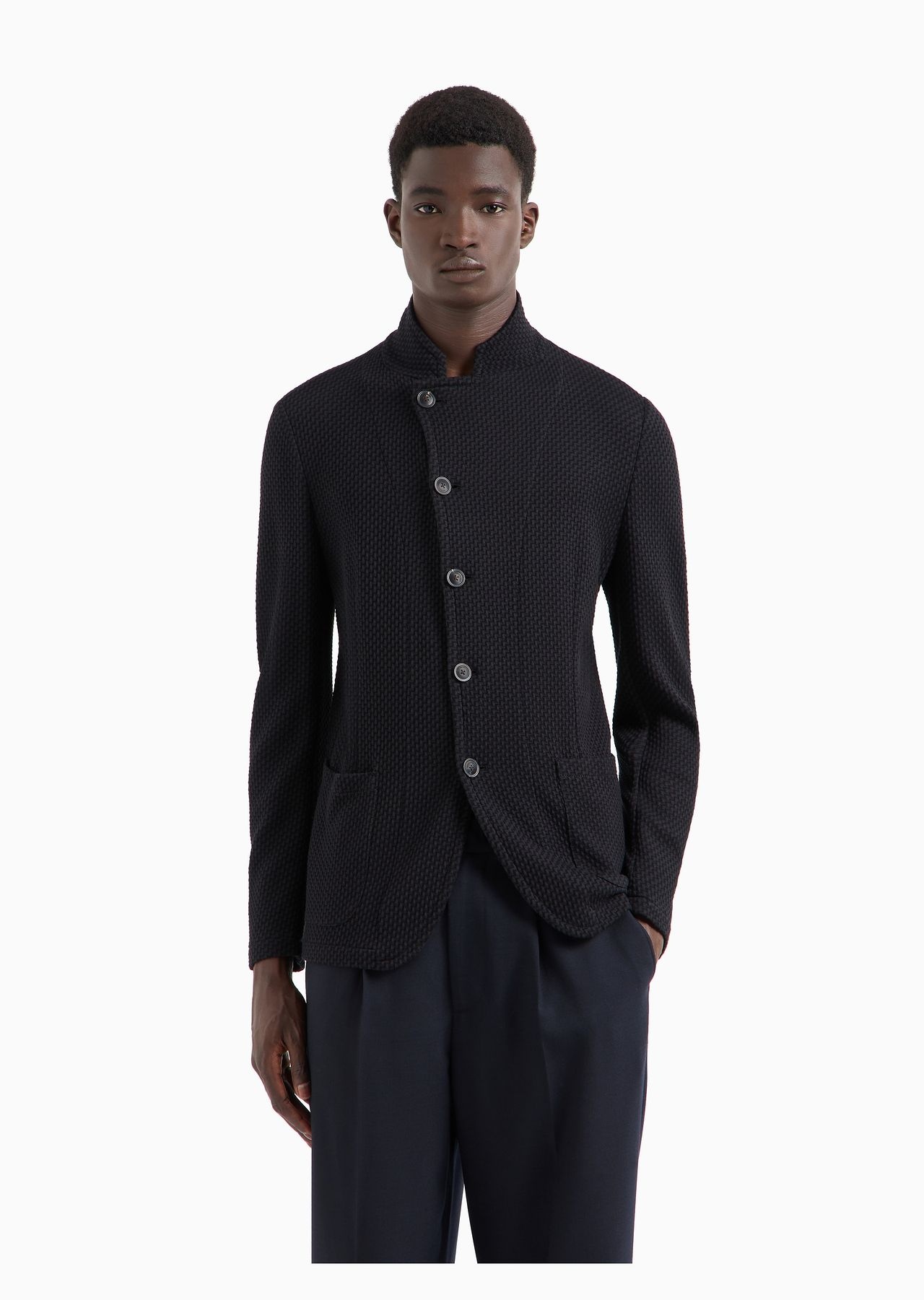 Guru-collar jacket with off-centre fastening in 3D-effect knit jersey - 3