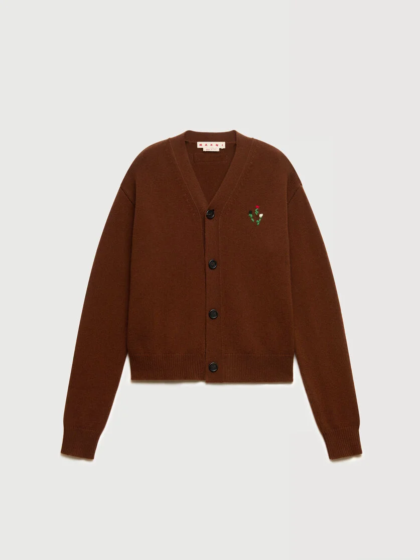 BROWN WOOL-CASHMERE CARDIGAN WITH FLOWER EMBROIDERY - 1