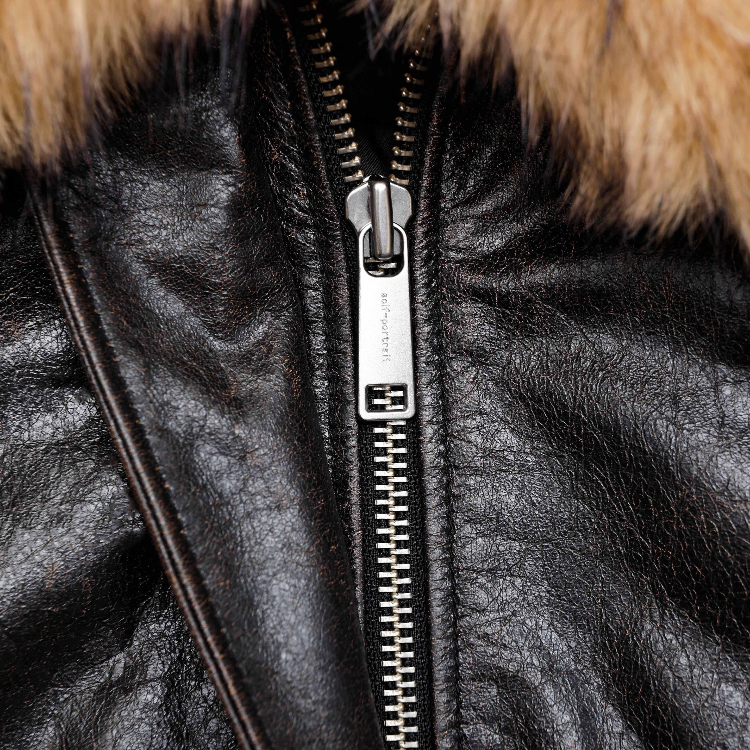 Black Leather Shearling Collar Jacket - 6