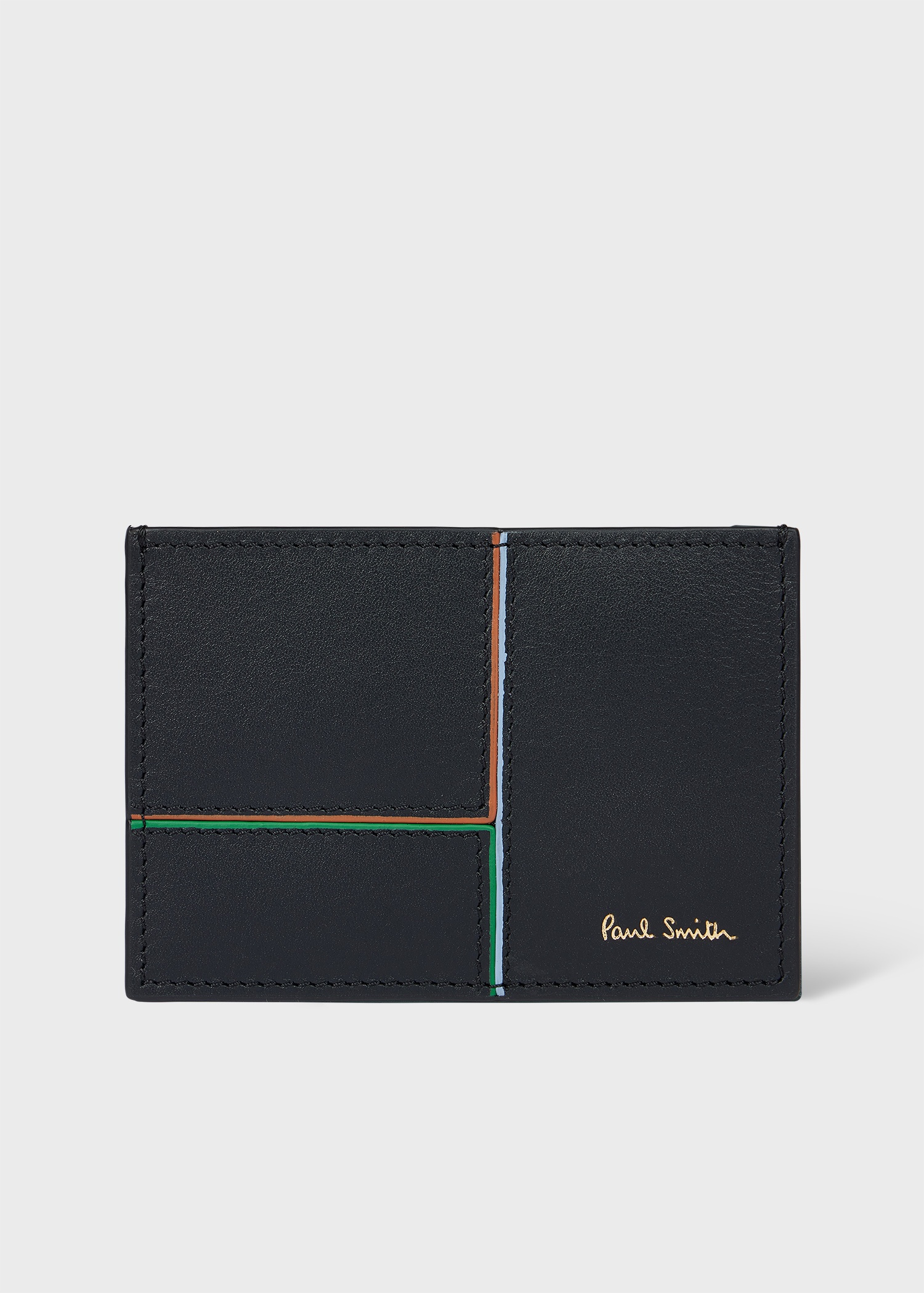 Black Panelled Leather Card Holder - 1