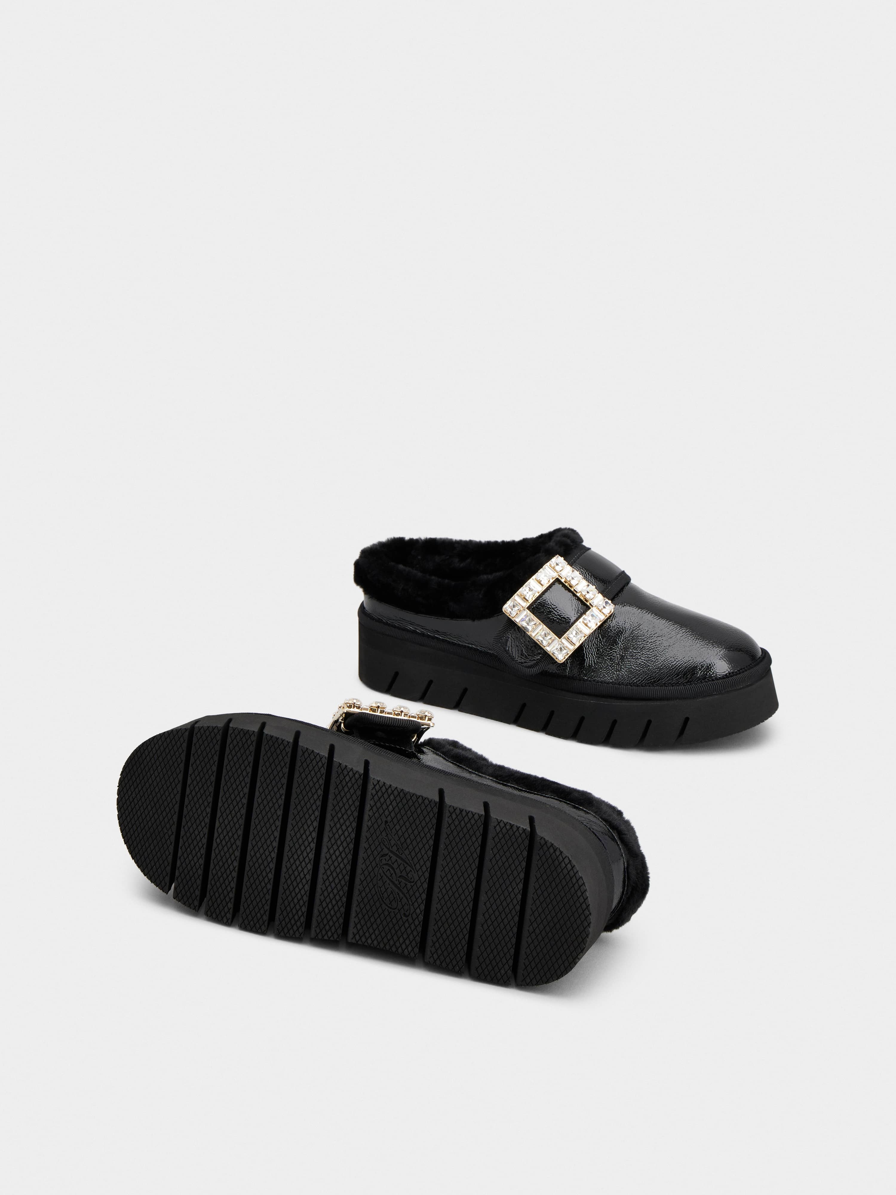 Viv' Winter Fur Strass Buckle Slippers in Patent Leather - 5