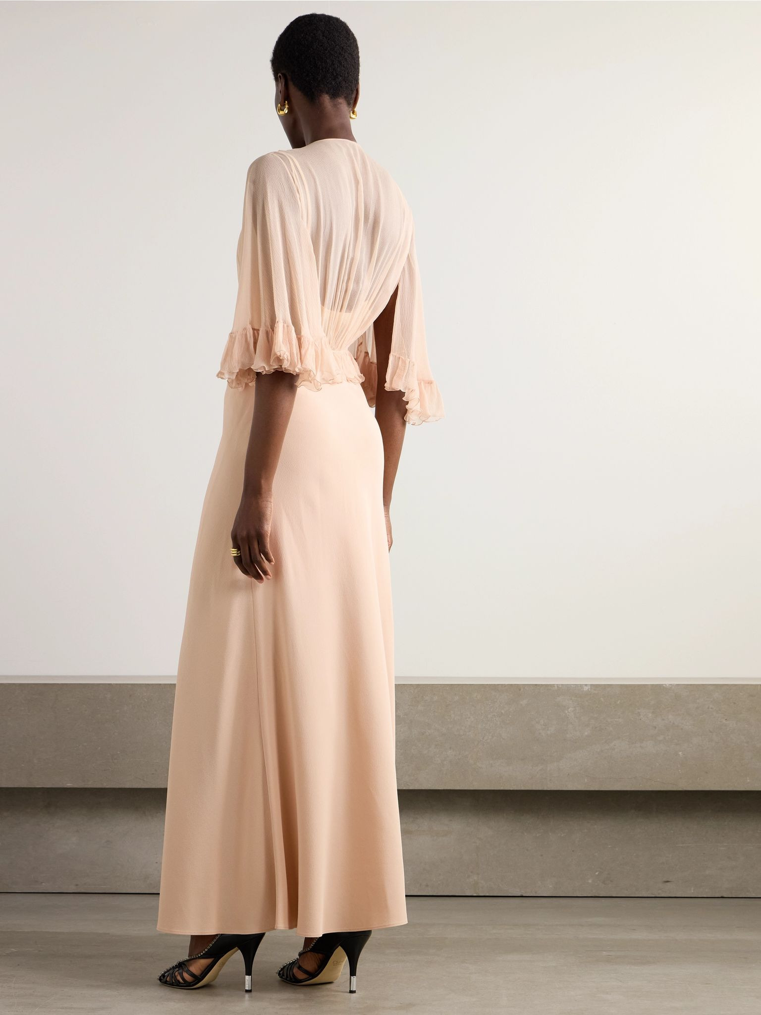 Ruffled silk-crepon and crepe maxi dress Baby pink - 3