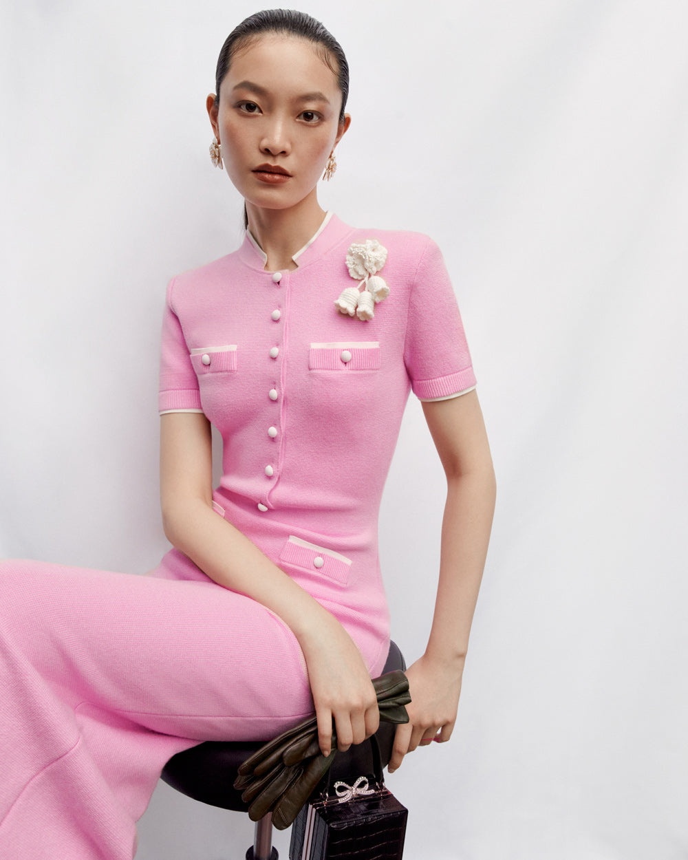 Pink Crochet Flower Knit Midi Dress - 6
