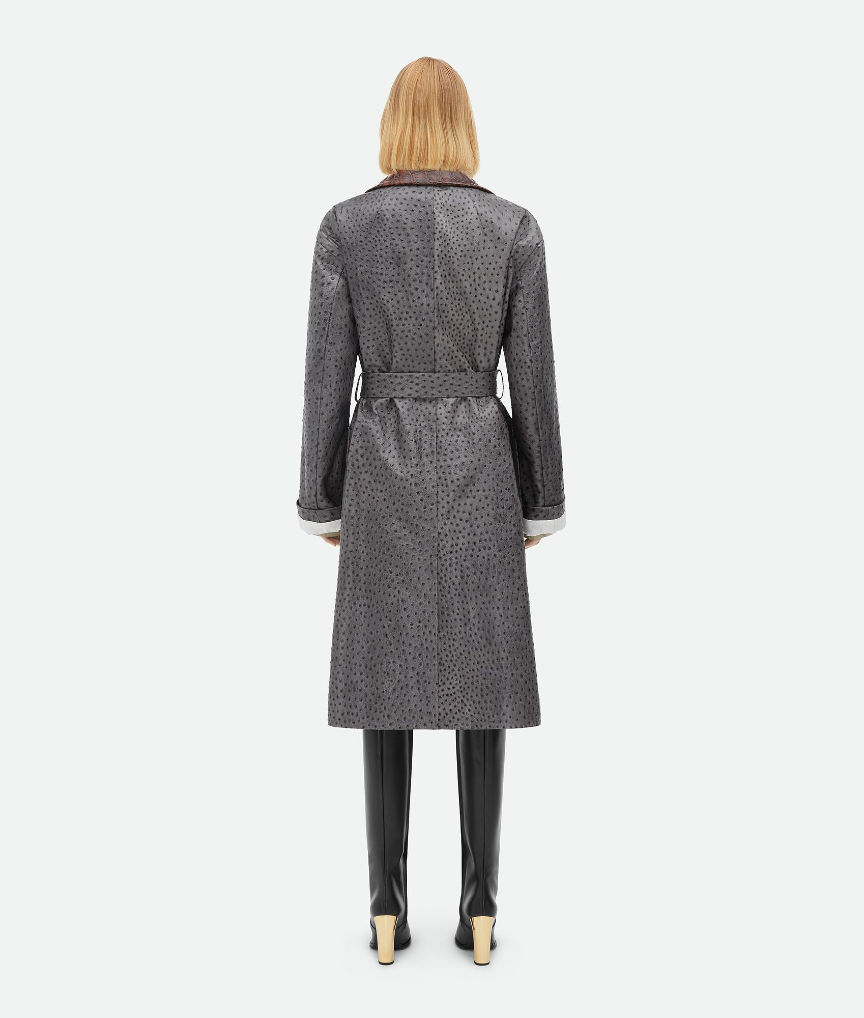Ostrich-Effect Leather Belted Coat - 3