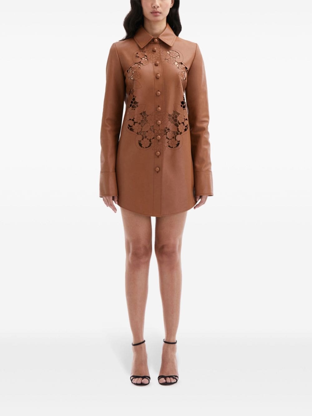 laser-cut floral leather shirt dress - 2