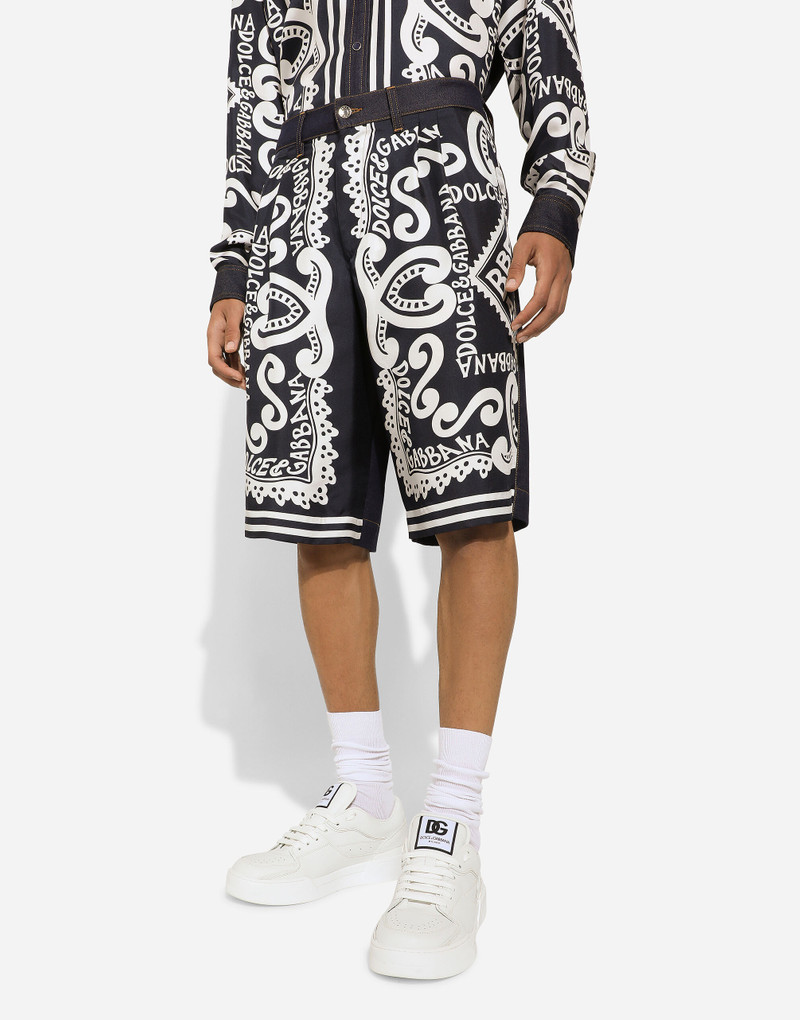 Silk and stretch denim shorts with Marina print 4