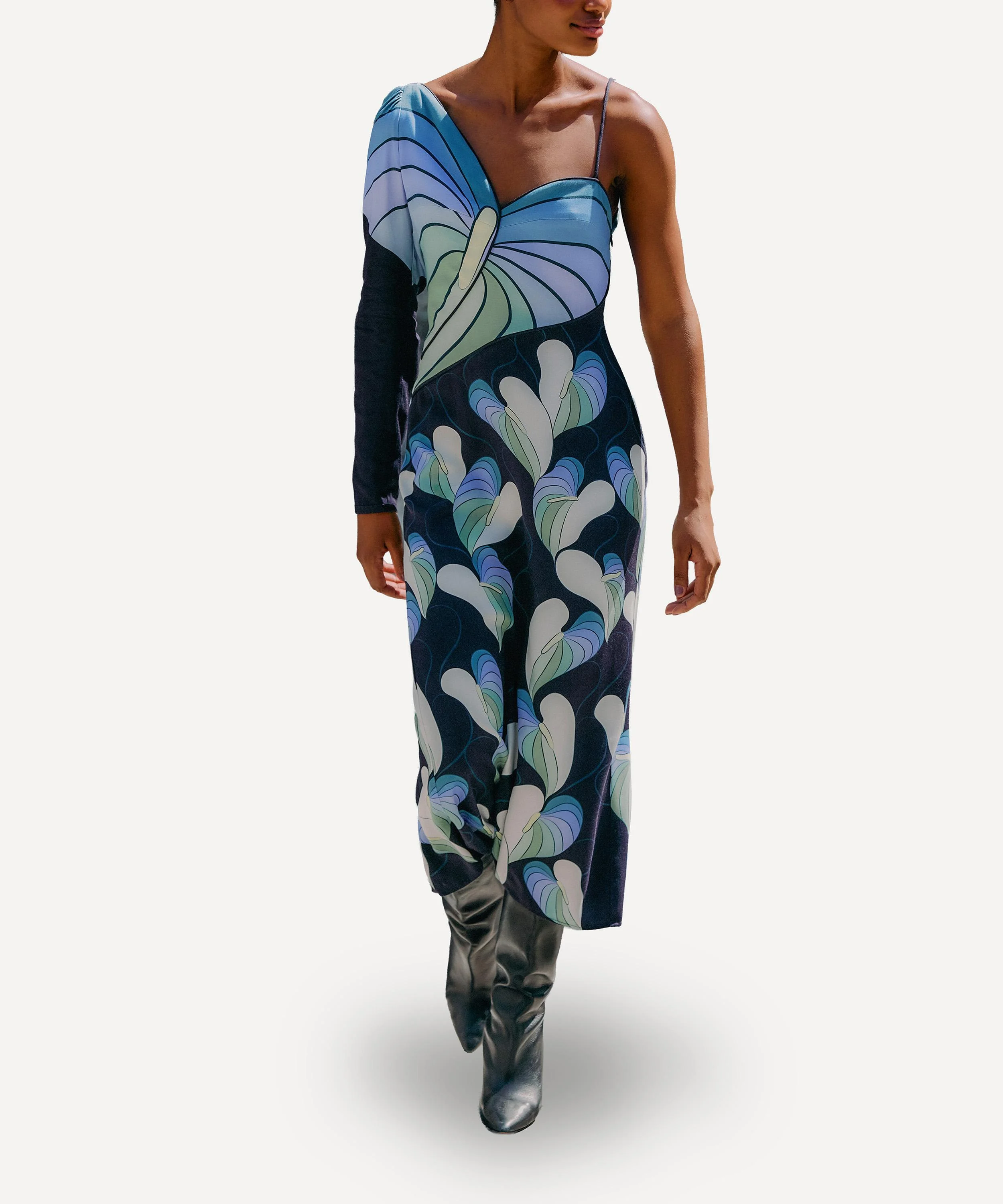 Black Lovely Anthurium One-Shoulder Maxi Dress - 1