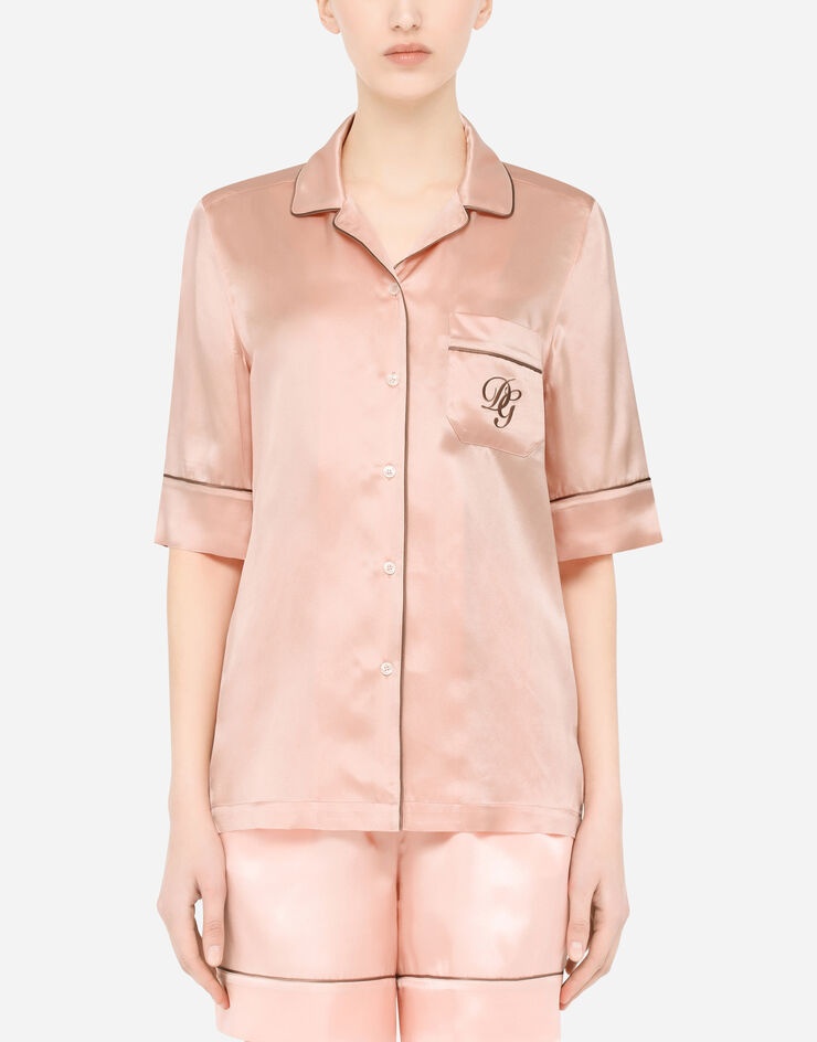 Short-sleeved satin pajama shirt with DG embroidery - 2