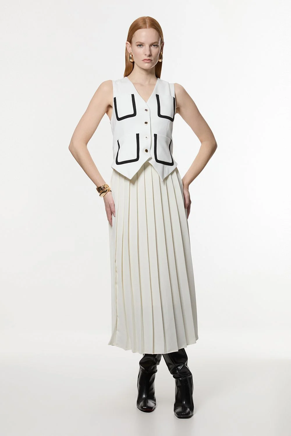 Compact Stretch Sleeveless Pleated Tipped Tailored Midaxi Dress - 1