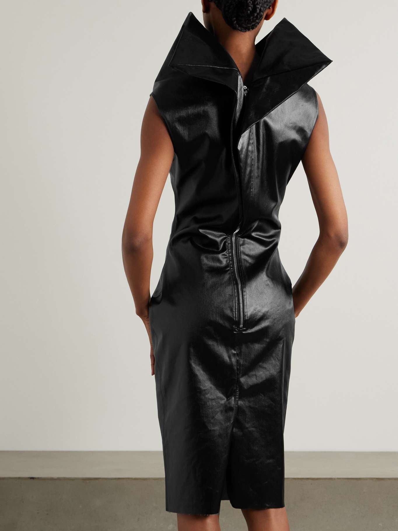 Draped coated-denim midi dress Black - 3