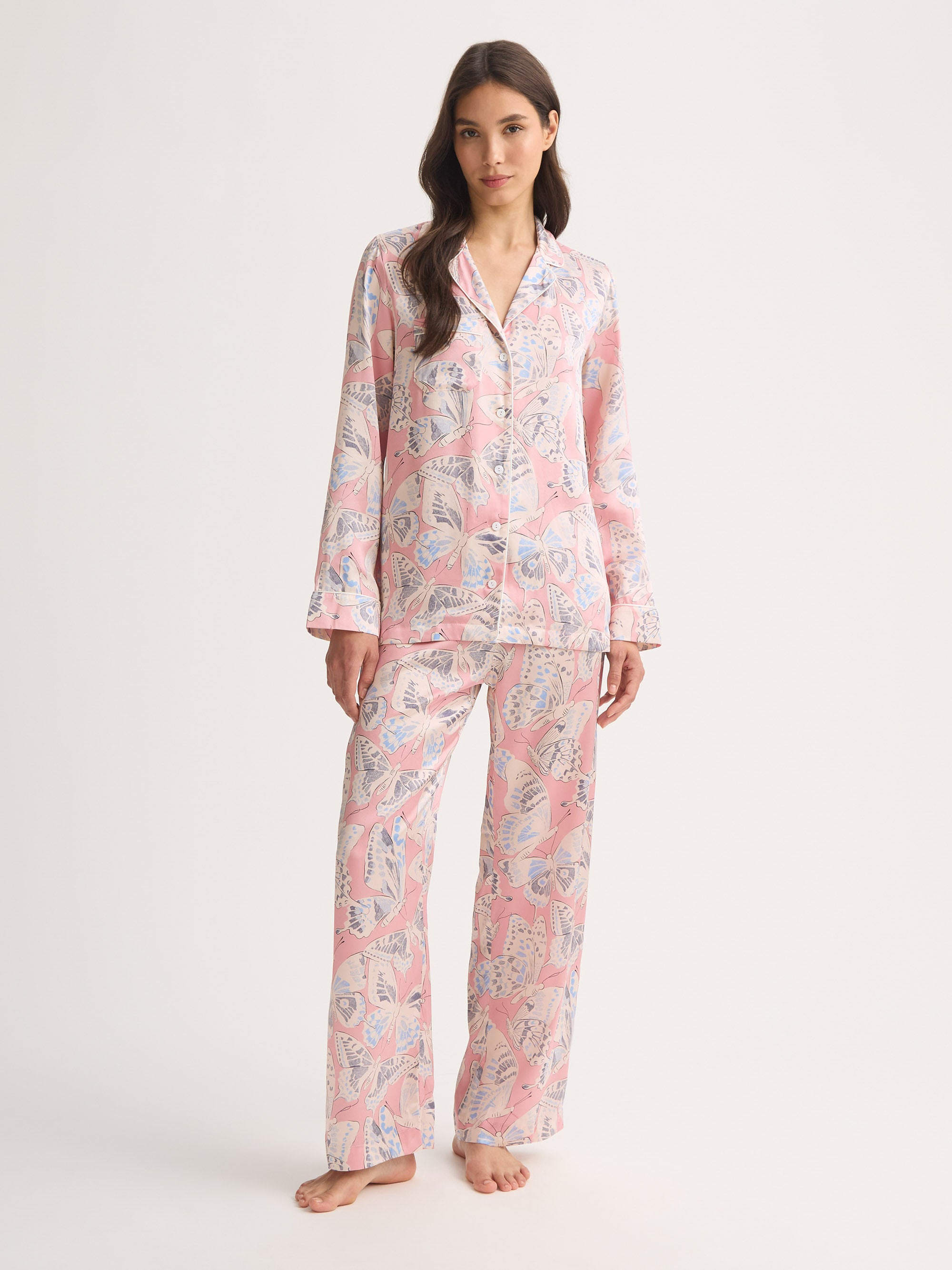Women's Silk Pajamas Pink Multicolor Butterfly Print - 2