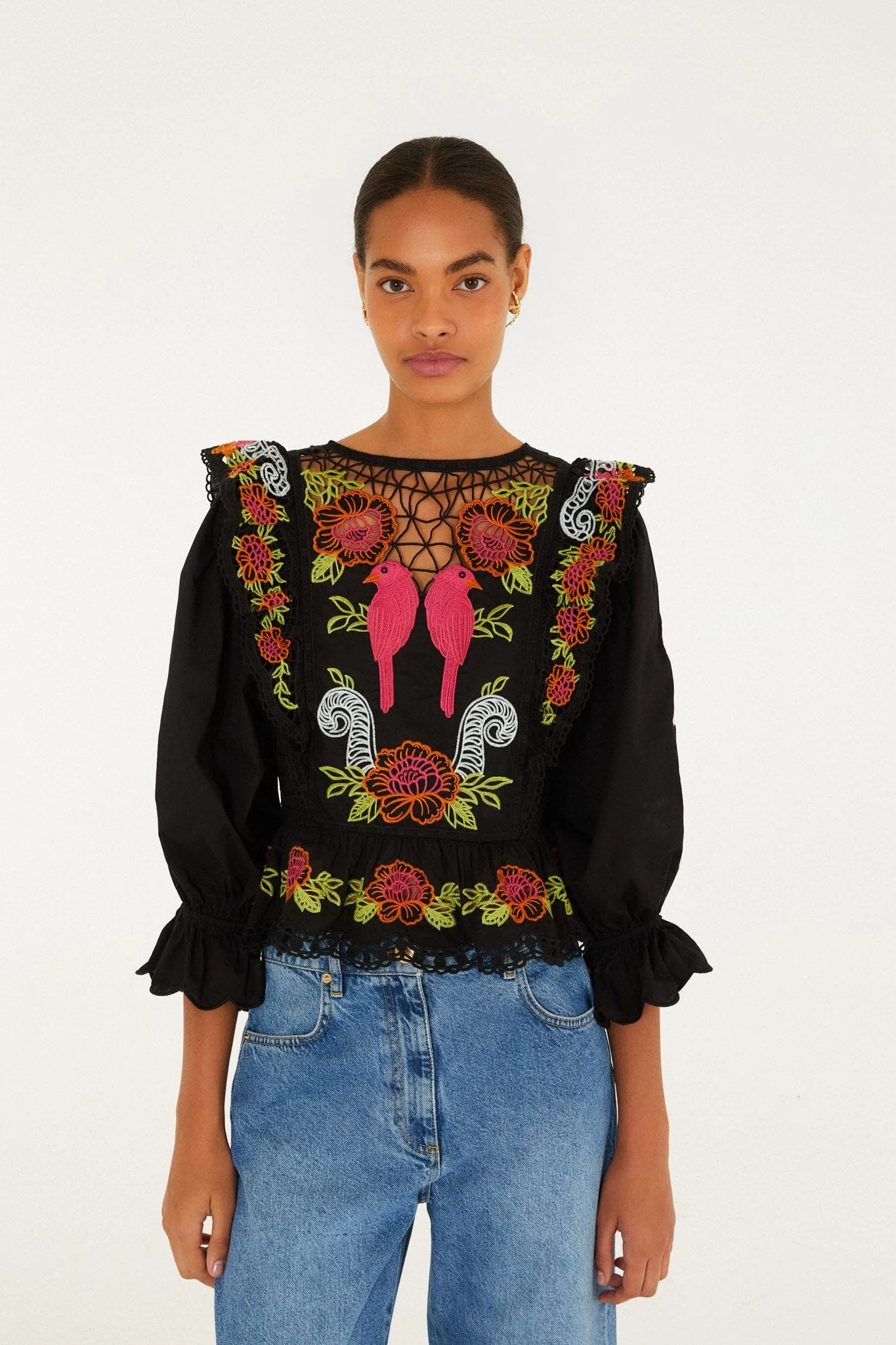 Black Mujeres Y Flores Embroidered Organic Cotton Richelieu Blouse - 1